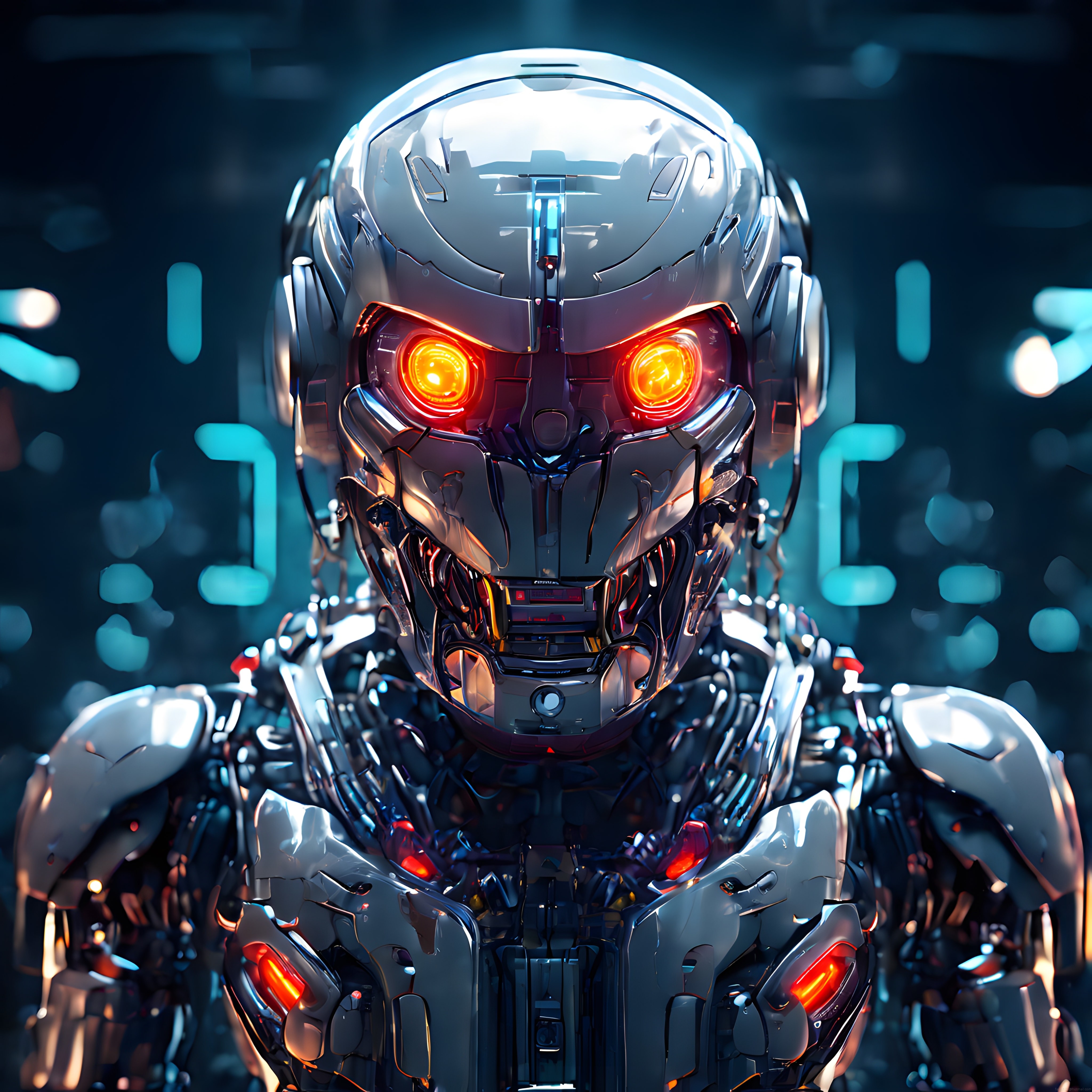 Geleceğin tehditkar robot yüzü: Parlak turuncu gözler ve metal zırh detayları