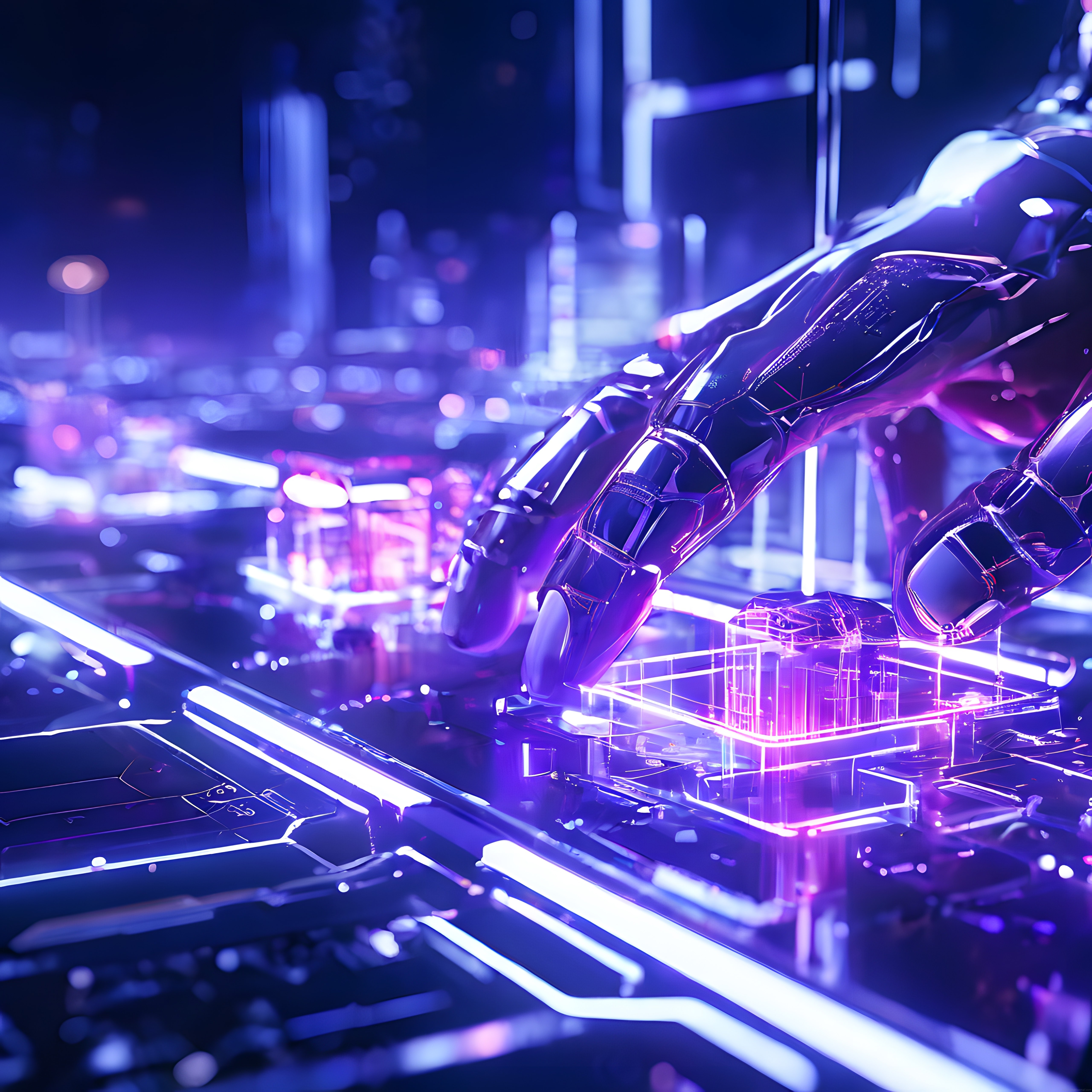 Geleceğin Teknolojisi: Cyberpunk Şehirde Robotik El ve Hologram Arayüz