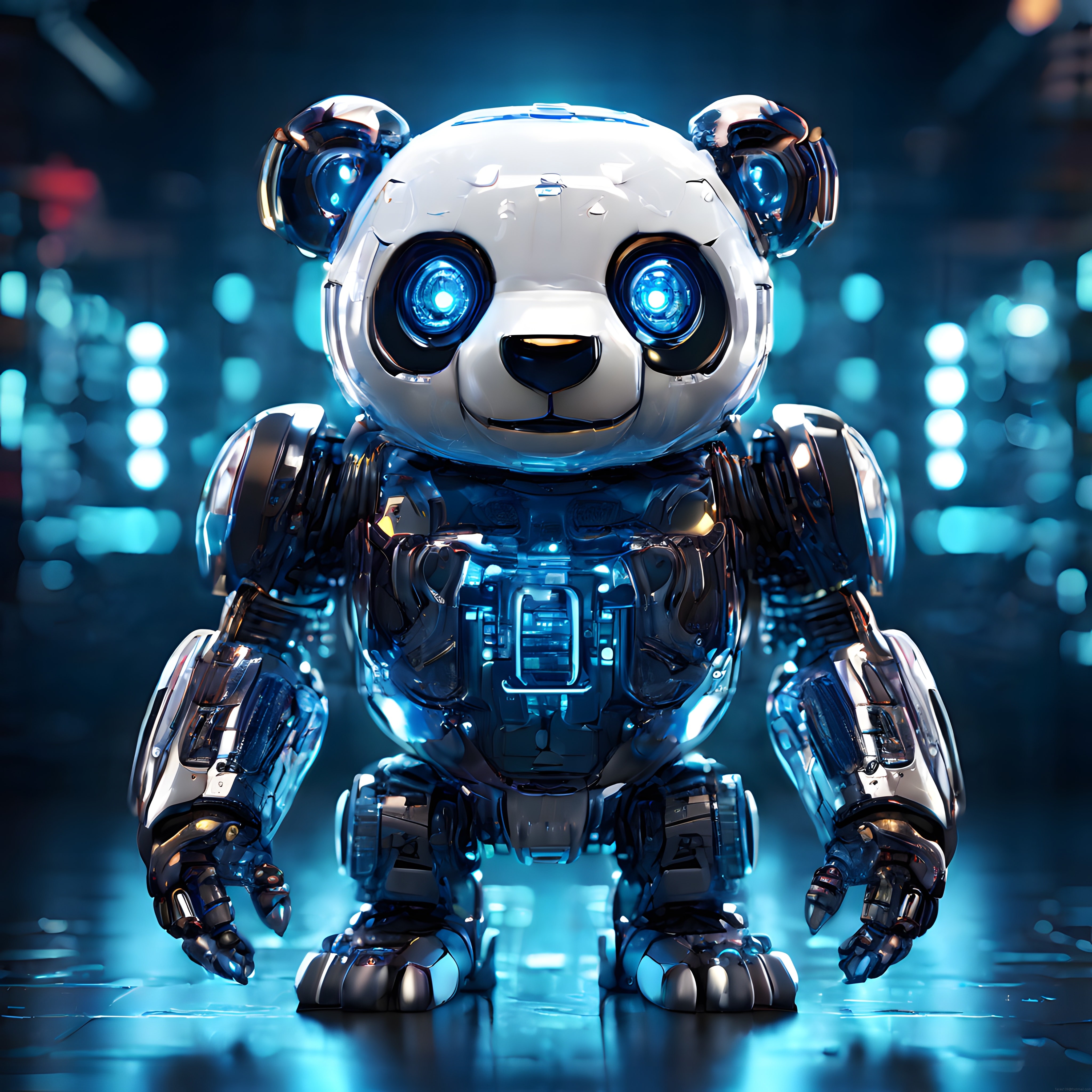 Geleceğin Teknolojisi: Metalik Robot Panda ve Mavi Neon Işıkları