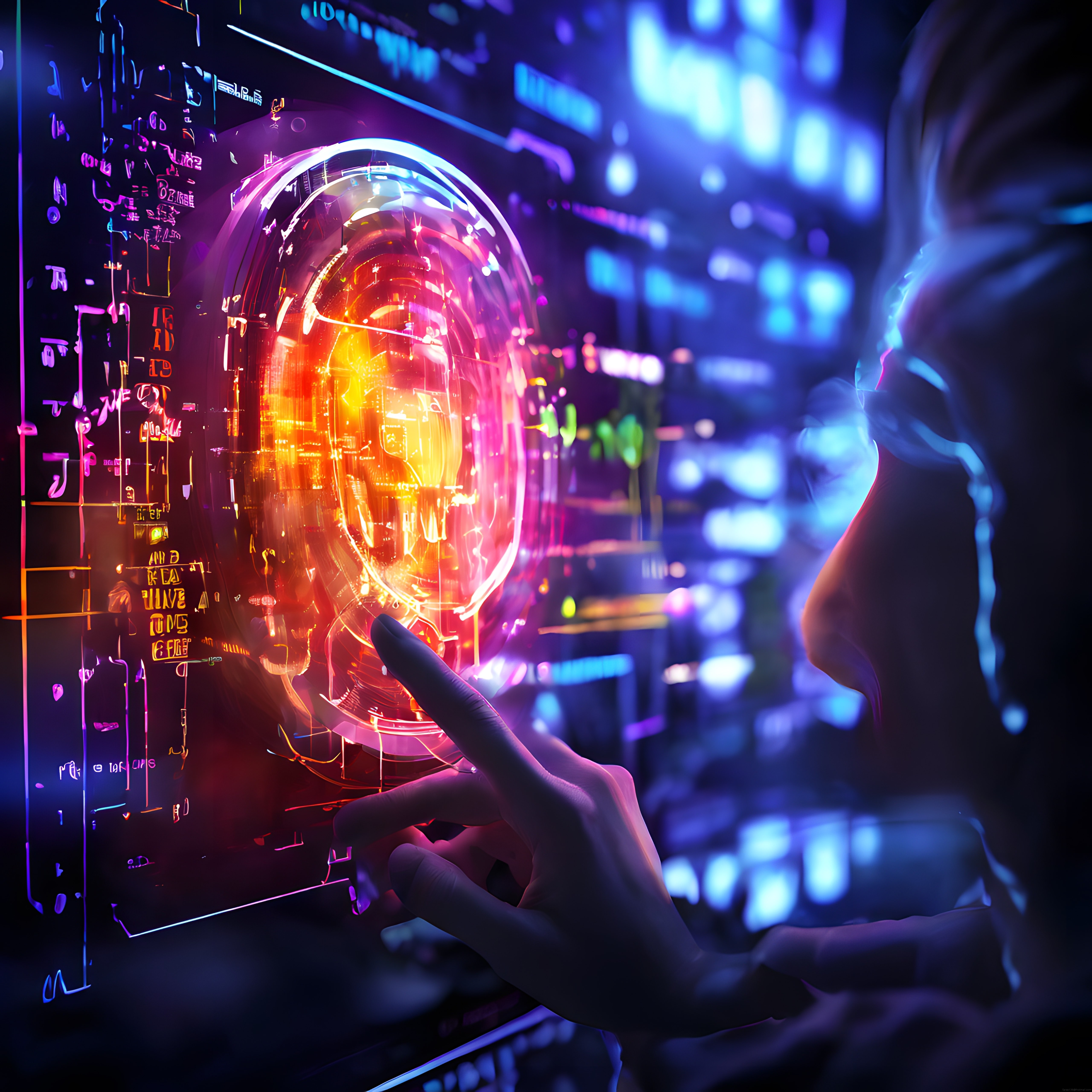 Geleceğin Teknolojisi: Neon Işıklı Holografik Ekran ve İnsan Eli Etkileşimi