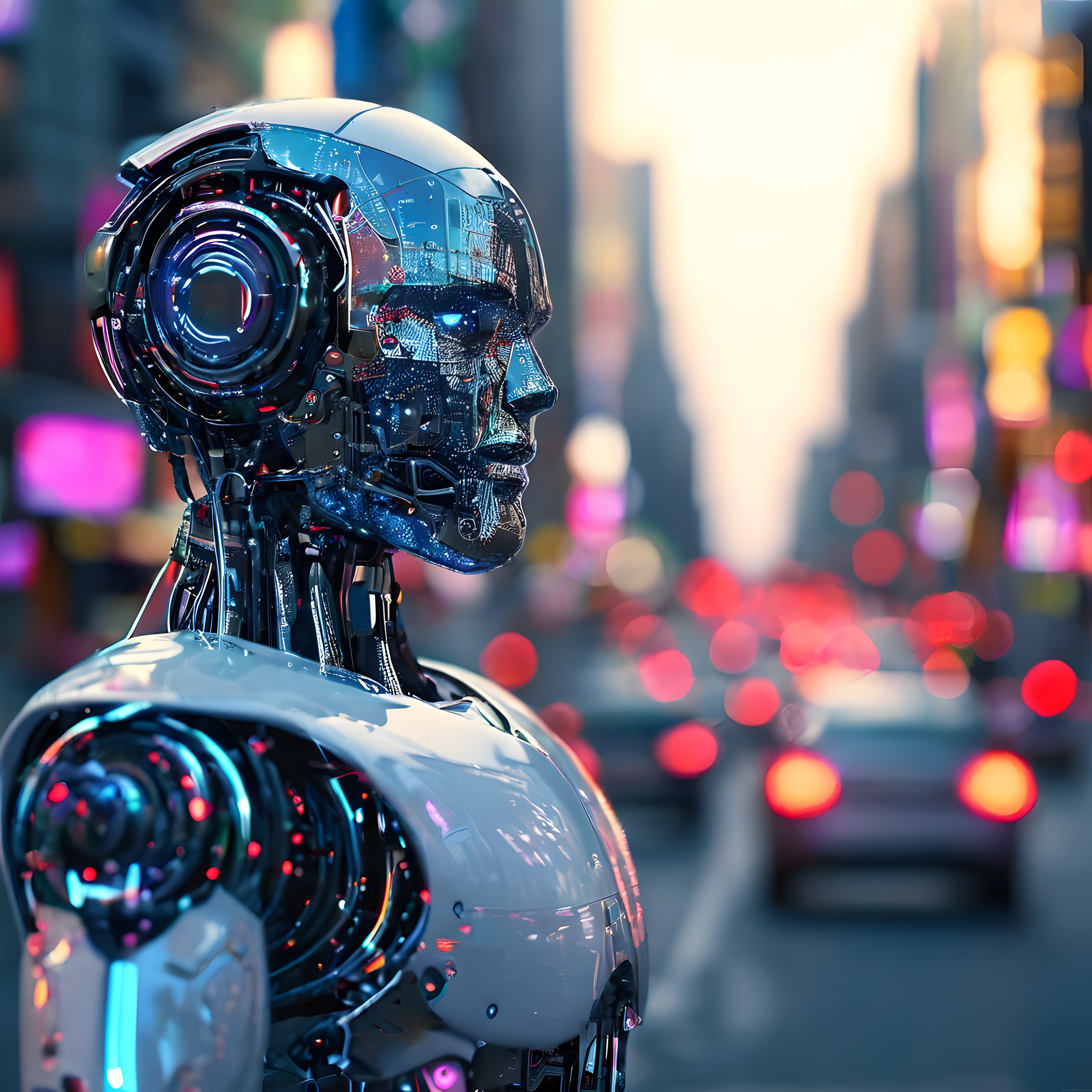 Geleceğin Teknolojisi: Şeffaf Kafalı Cyberpunk Robot ve Gece Şehri Arka Planı