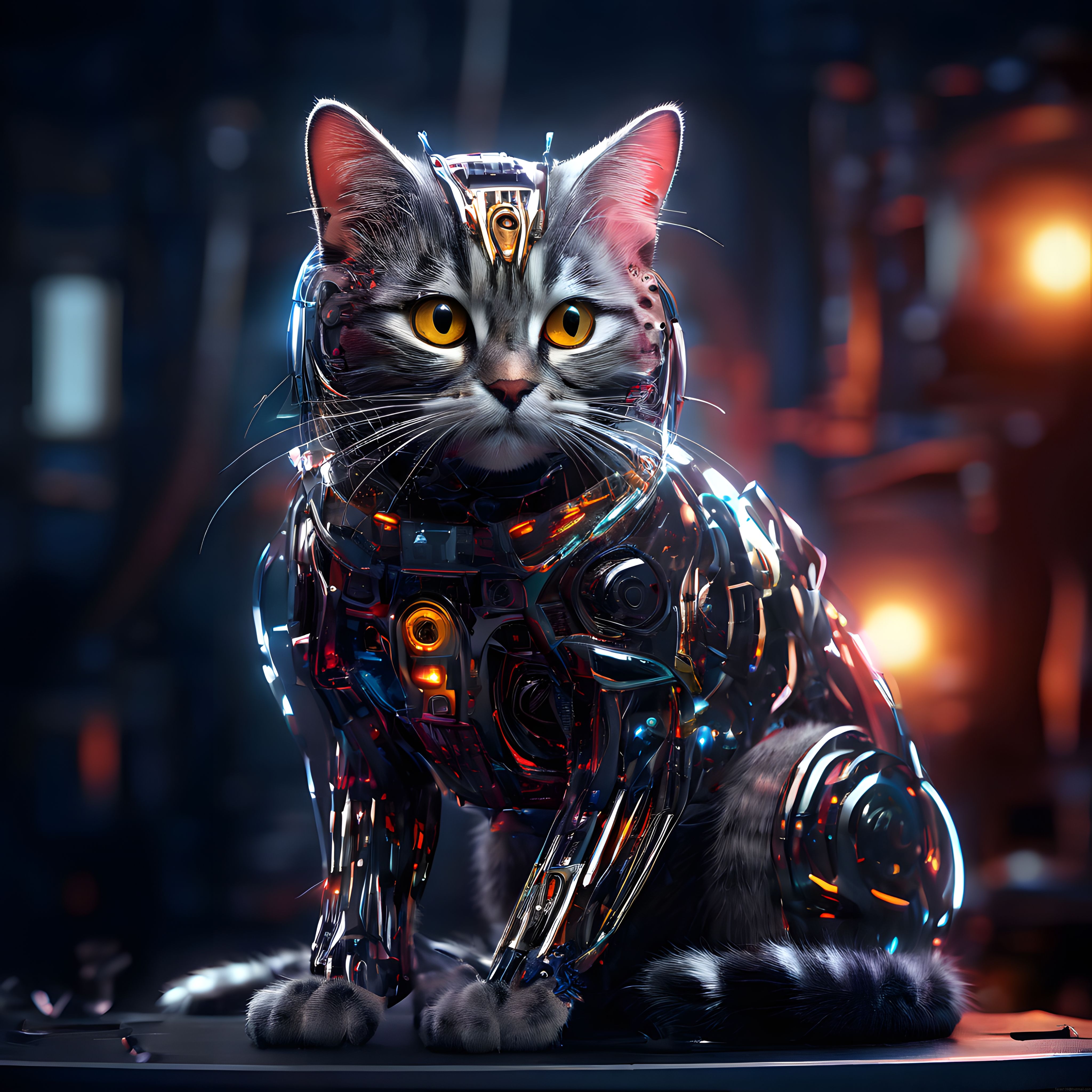 Geleceğin Teknolojisiyle Tasarlanmış Cyberpunk Robotik Kedi ve Neon Işıklar
