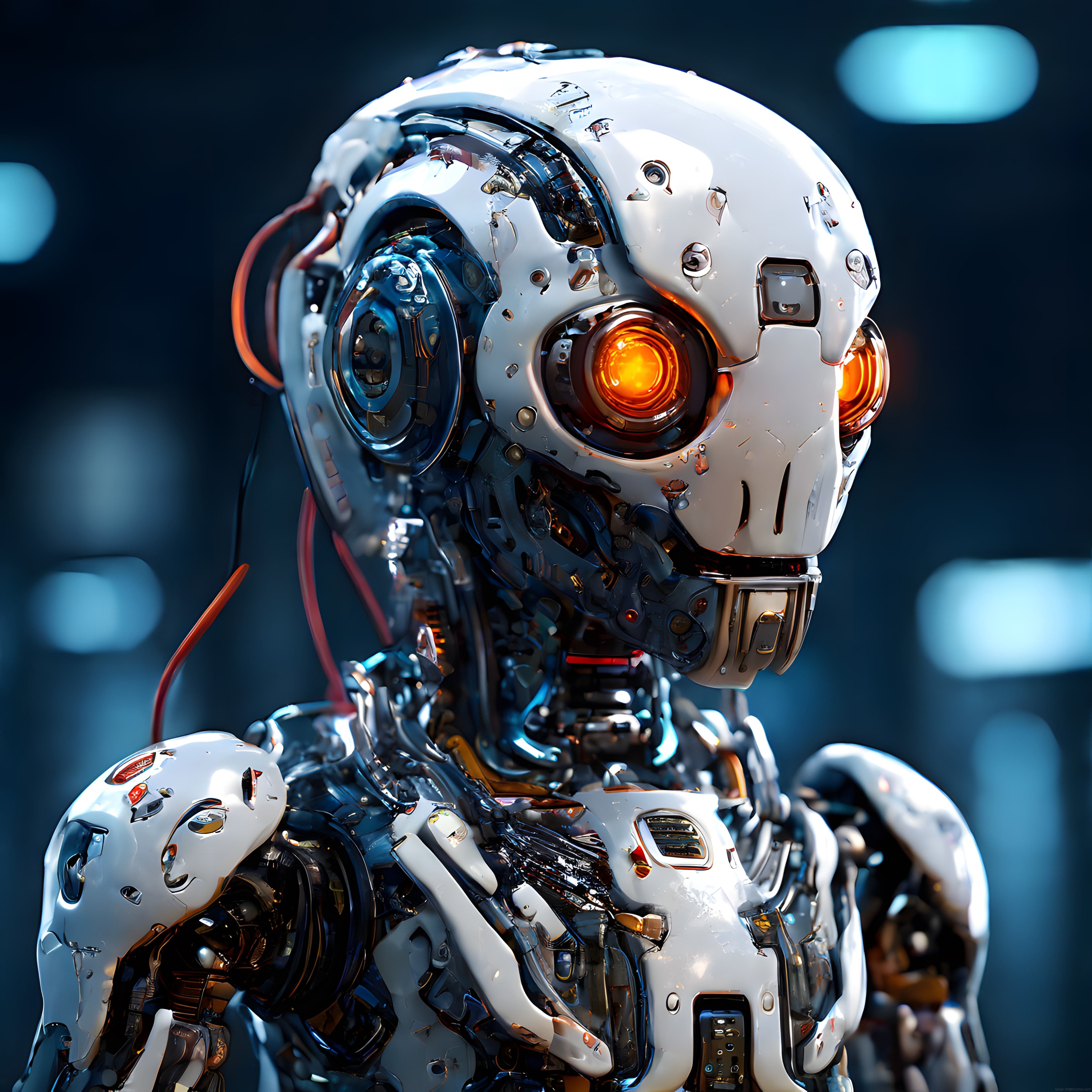 Geleceğin Yapay Zeka Robotu: Mekanik Detaylar ve Neon Turuncu Gözler