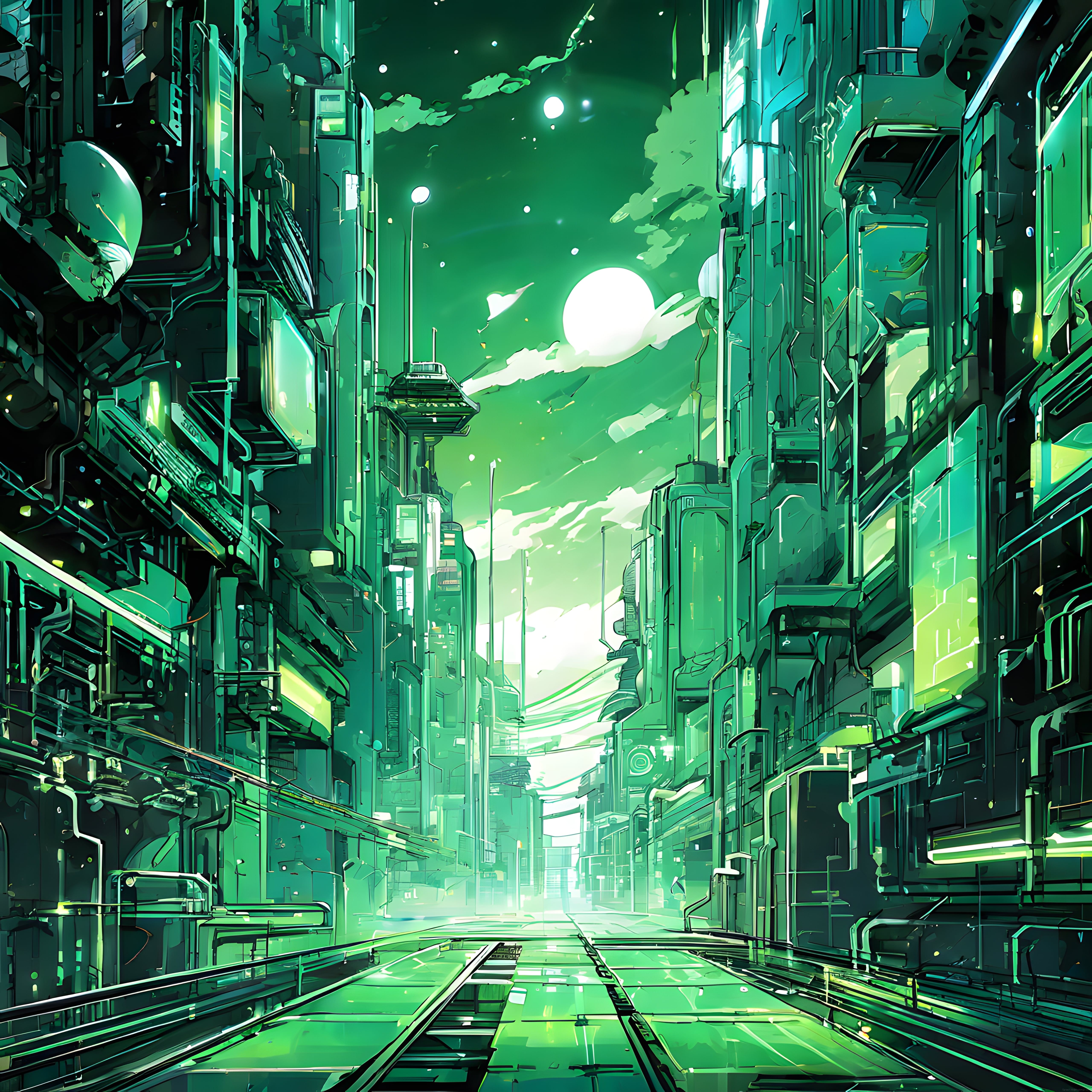 Geleceğin Yeşil Cyberpunk Metropolünde Neon Işıklı Şehir Manzarası