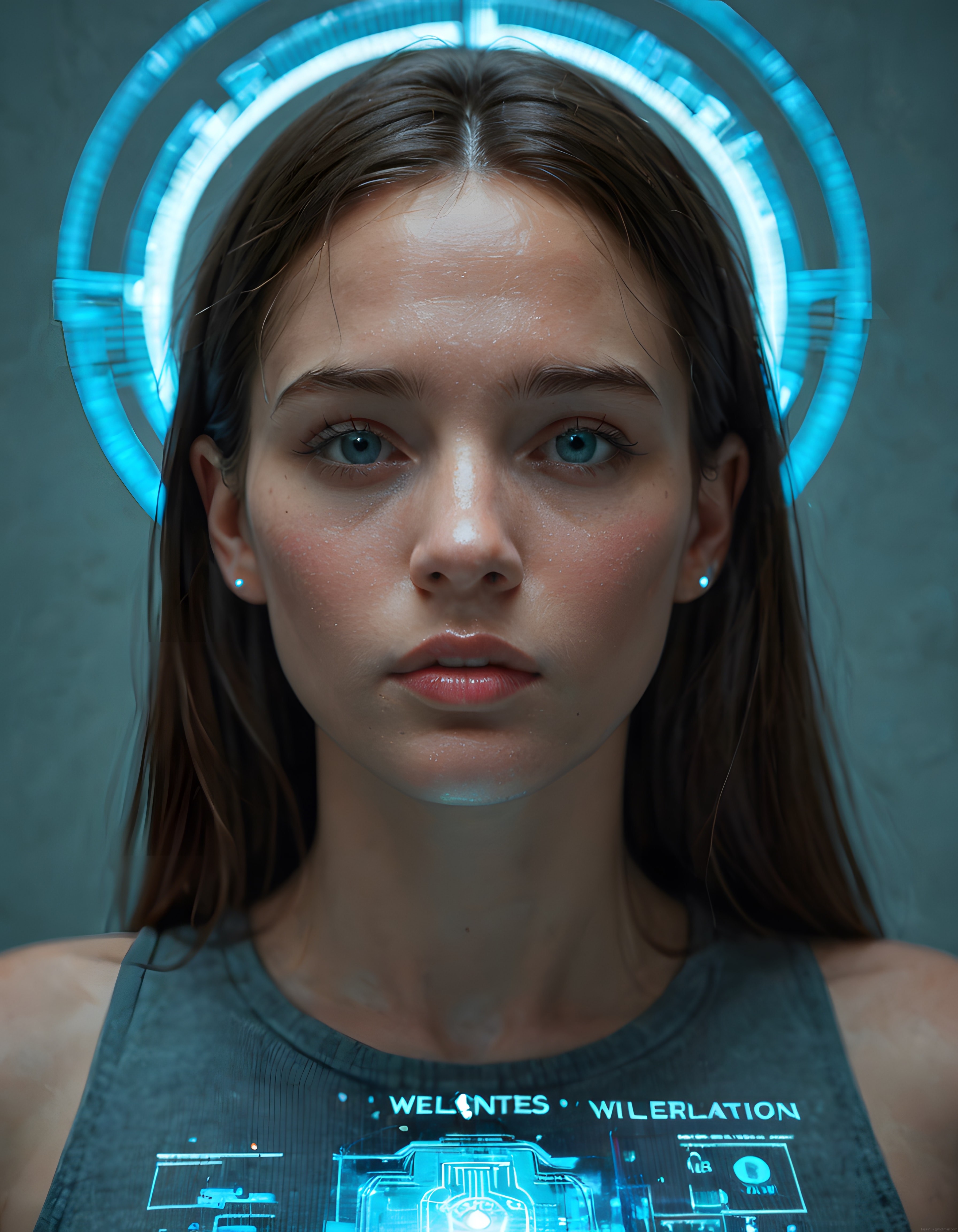 Geleceğin Yüzü: Mavi Neon Işıklı Cyberpunk Dijital Portre Çalışması