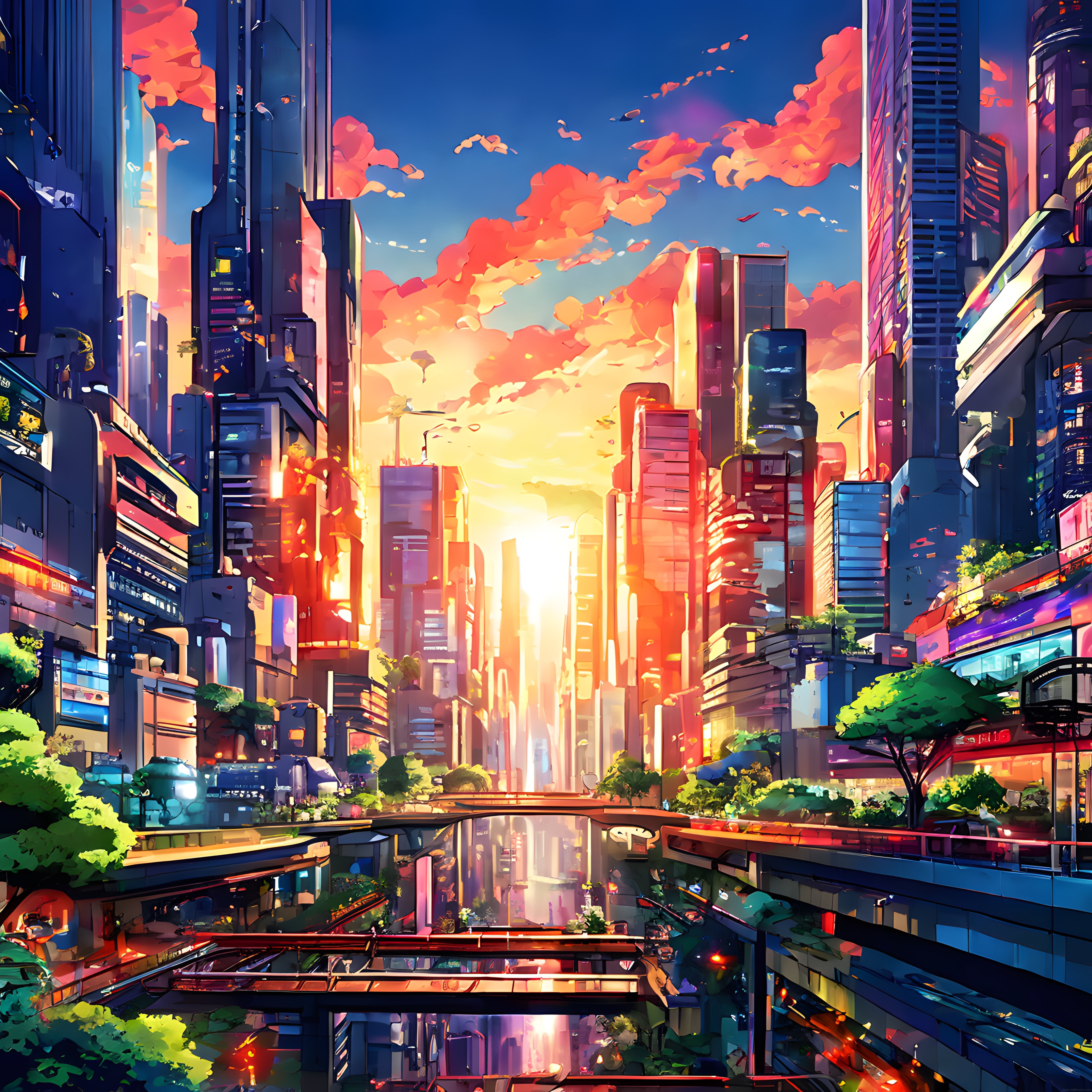 Gelecekçi Anime Stili Şehir Manzarası ve Gün Batımı Dijital İllüstrasyon