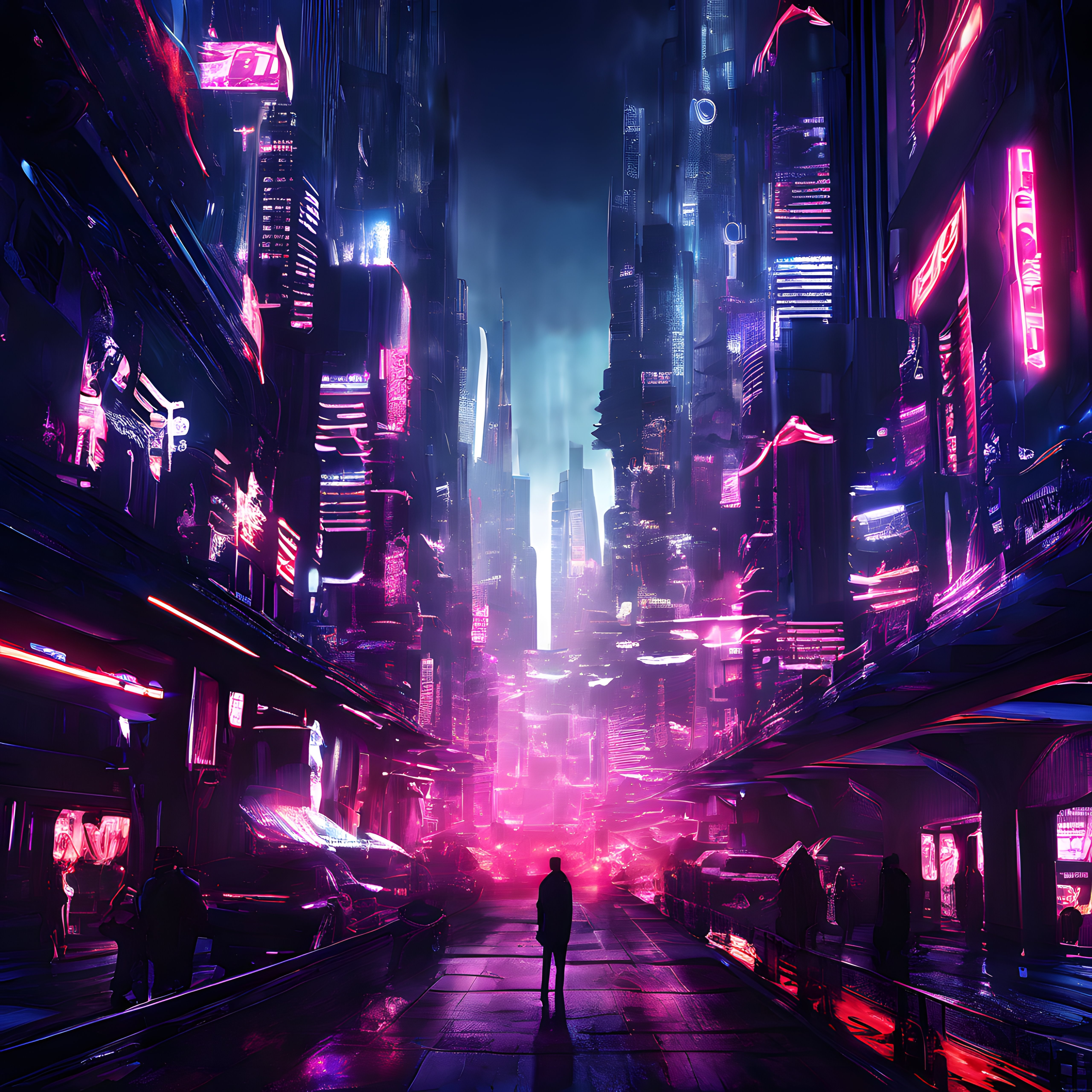 gelecekçi cyberpunk şehrin sisli neon sokaklarında yalnız bir figür