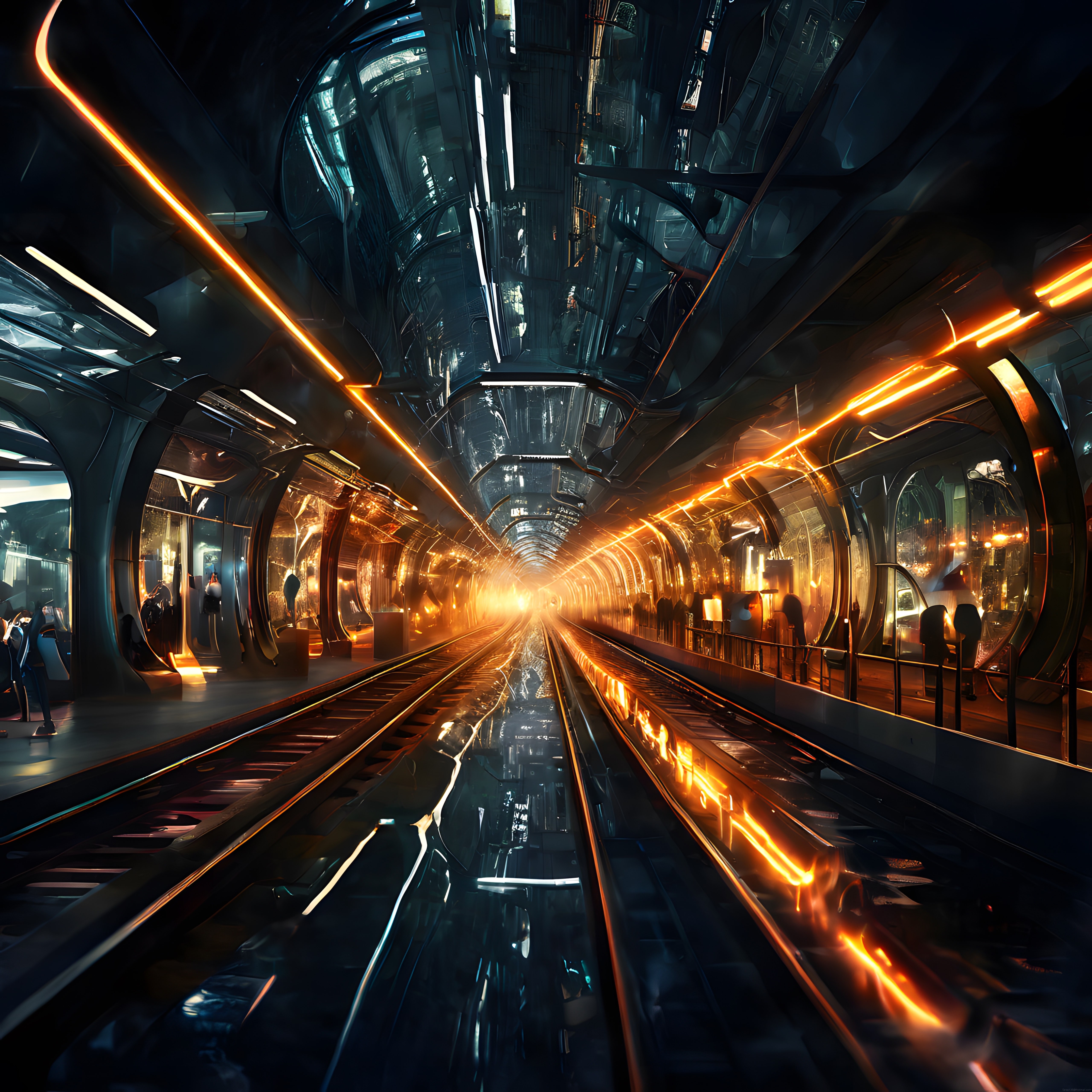 Gelecekçi Şehirde Neon Aydınlatmalı Cyberpunk Metro İstasyonu Manzarası