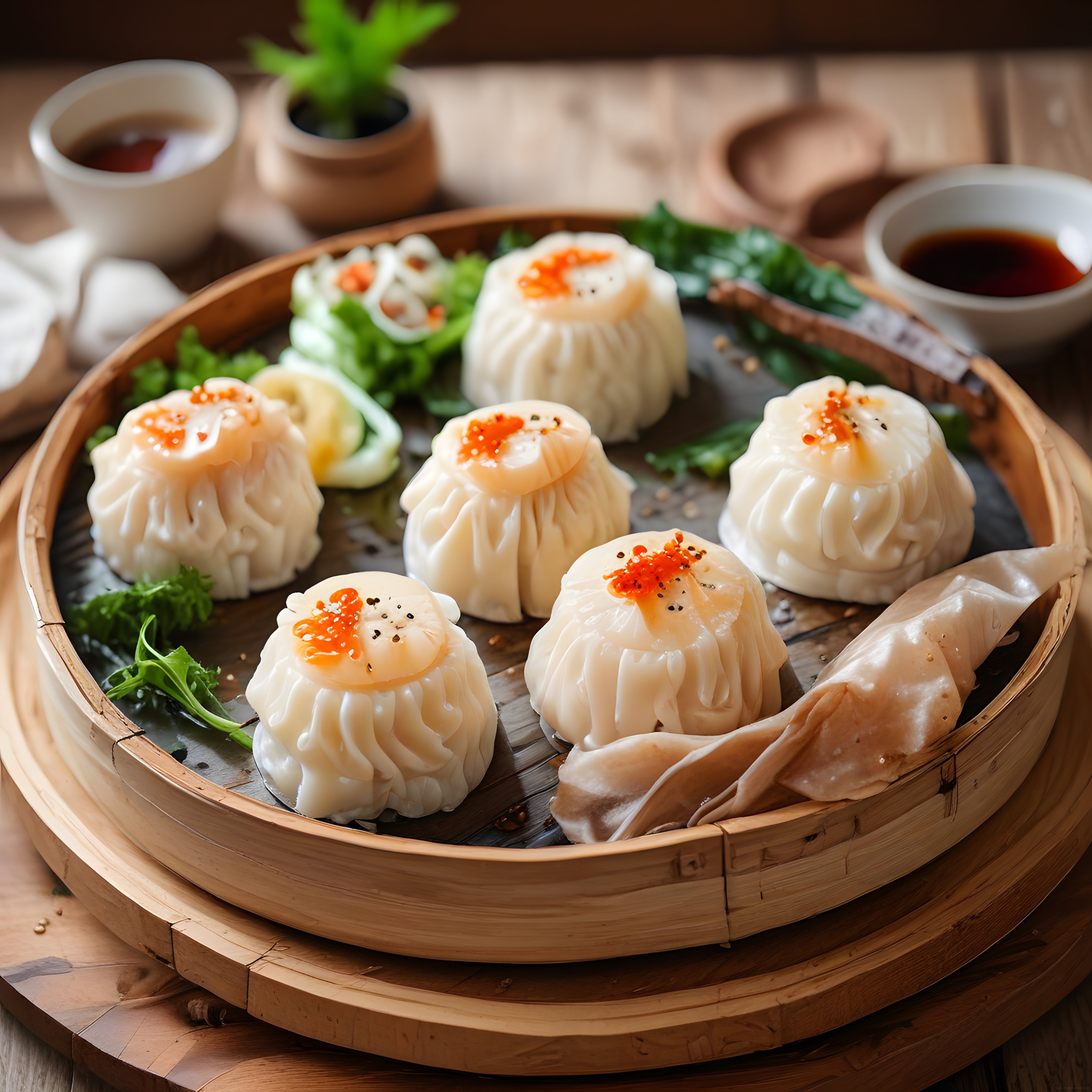 Geleneksel Ahşap Buhar Sepetinde İkram Edilen Taze Dim Sum ve Şumai Çeşitleri