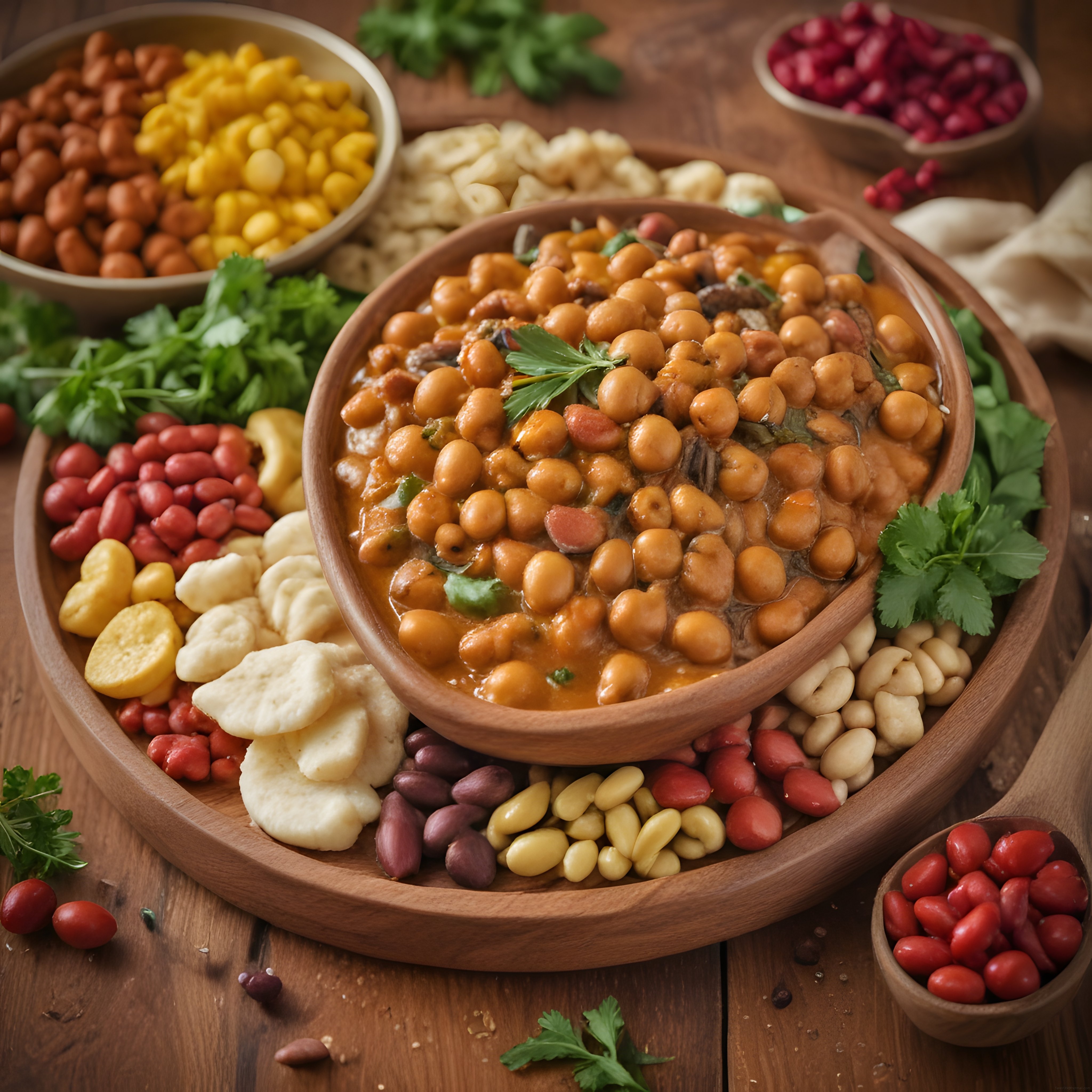 Geleneksel ahşap tabakta nohut yemeği ve renkli bakliyatlı sağlıklı sunum