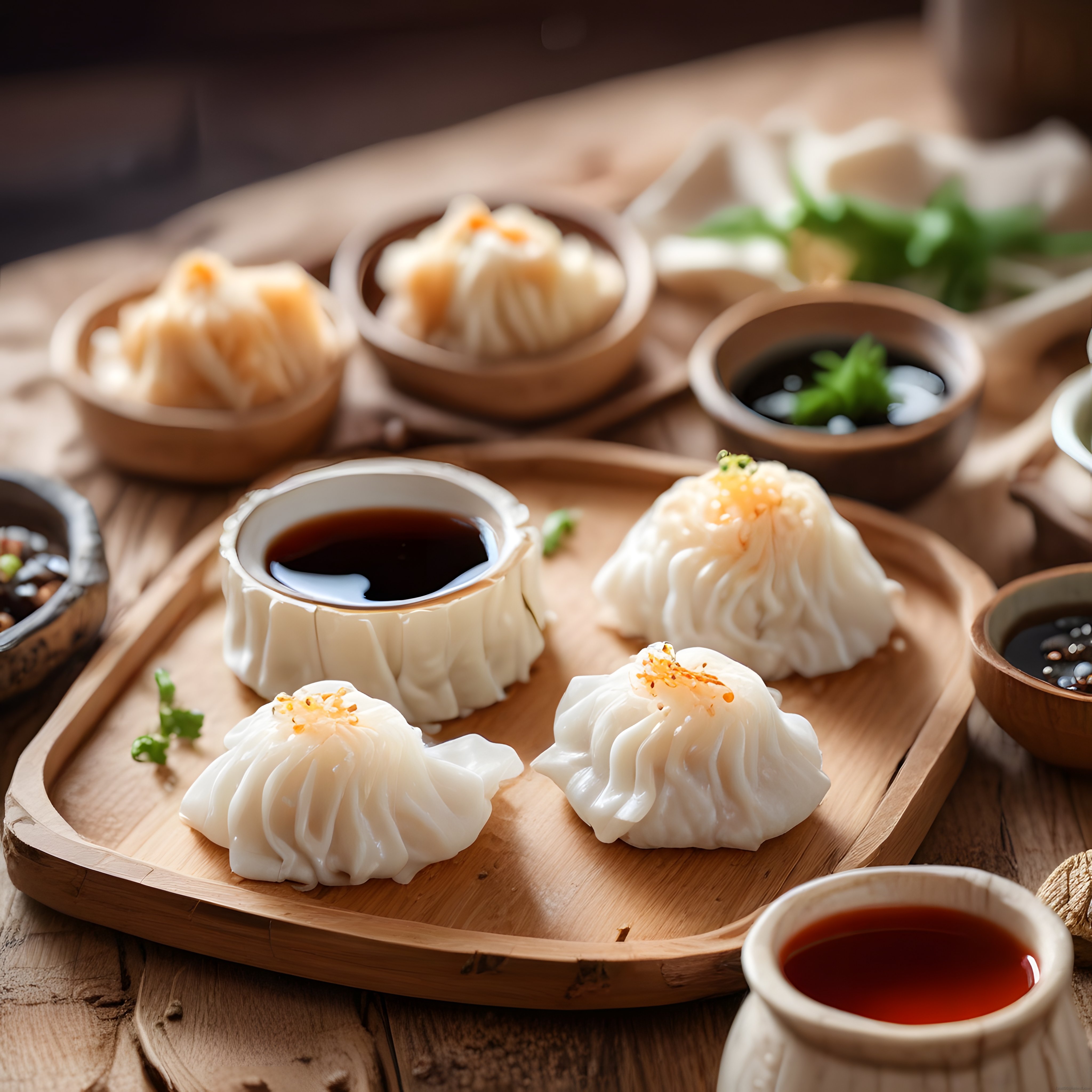 Geleneksel Ahşap Tepsi Üzerinde Sunulan Buharda Pişmiş Dim Sum ve Sos Çeşitleri