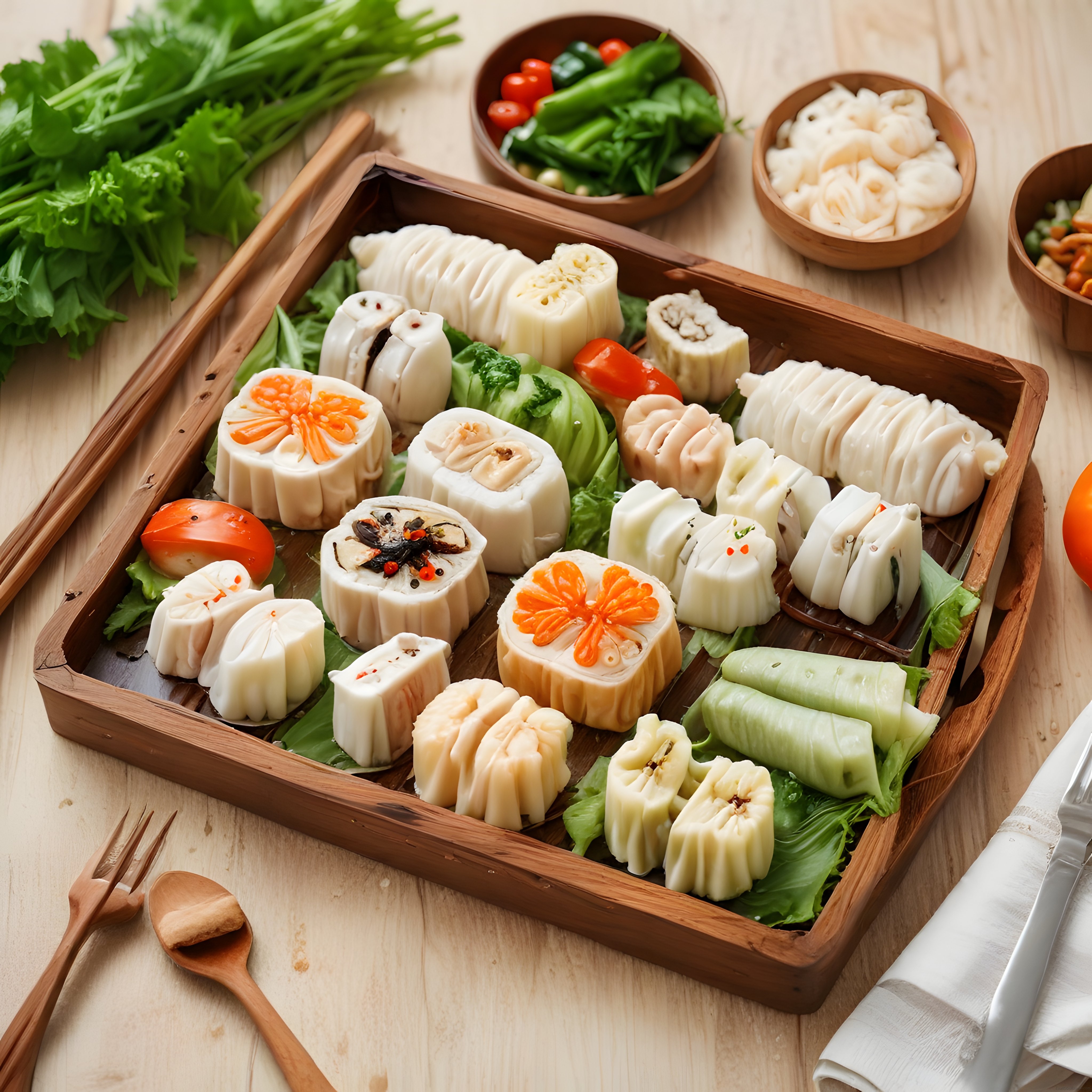 Geleneksel Ahşap Tepside Çeşitli Dim Sum ve Buharda Pişirilmiş Asya Mantıları