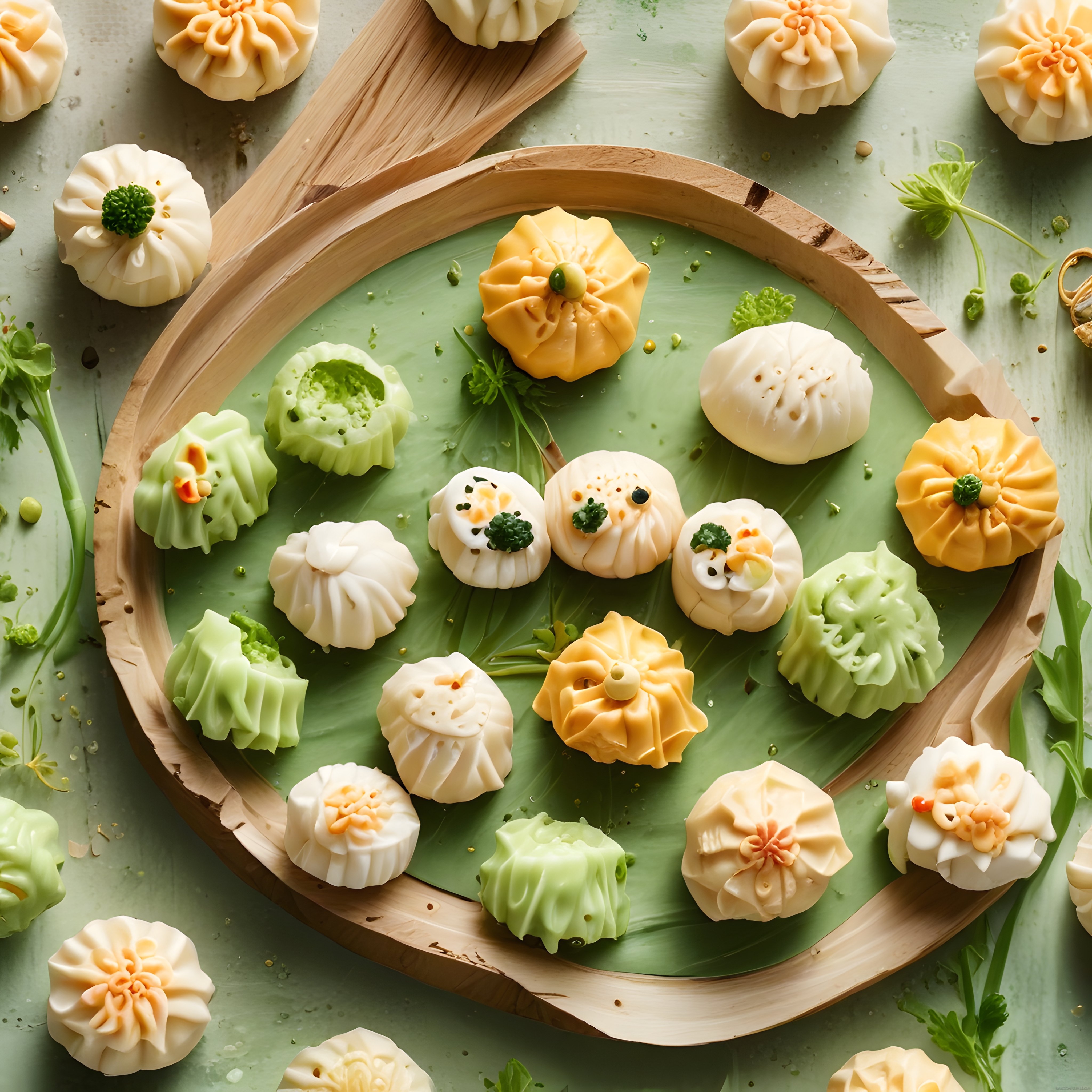 Geleneksel Ahşap Tepside Çiçek Şeklinde Renkli Dim Sum Mantı Sunumu