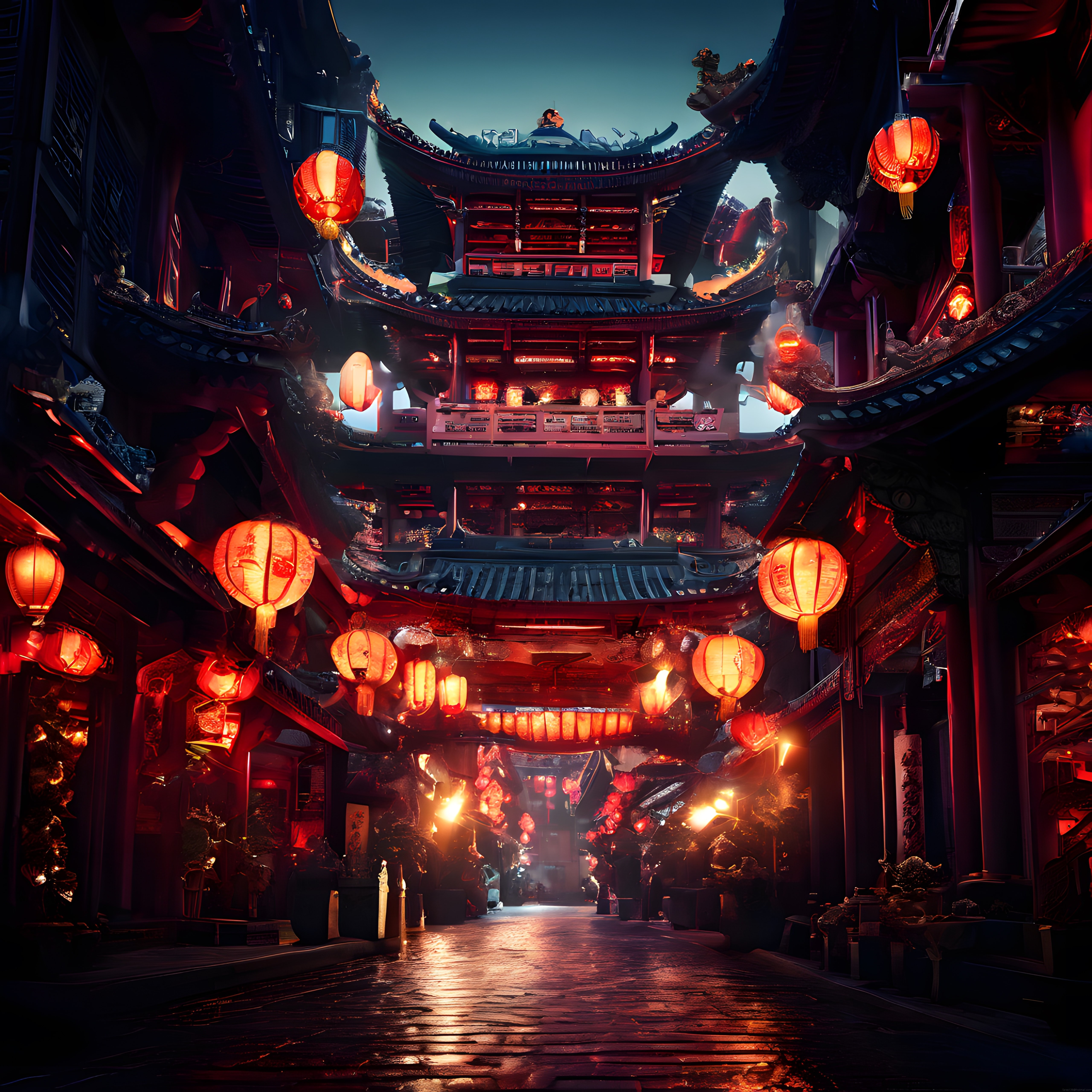 Geleneksel Asya Mimarisinde Cyberpunk Gece Atmosferi ve Dijital Sanat