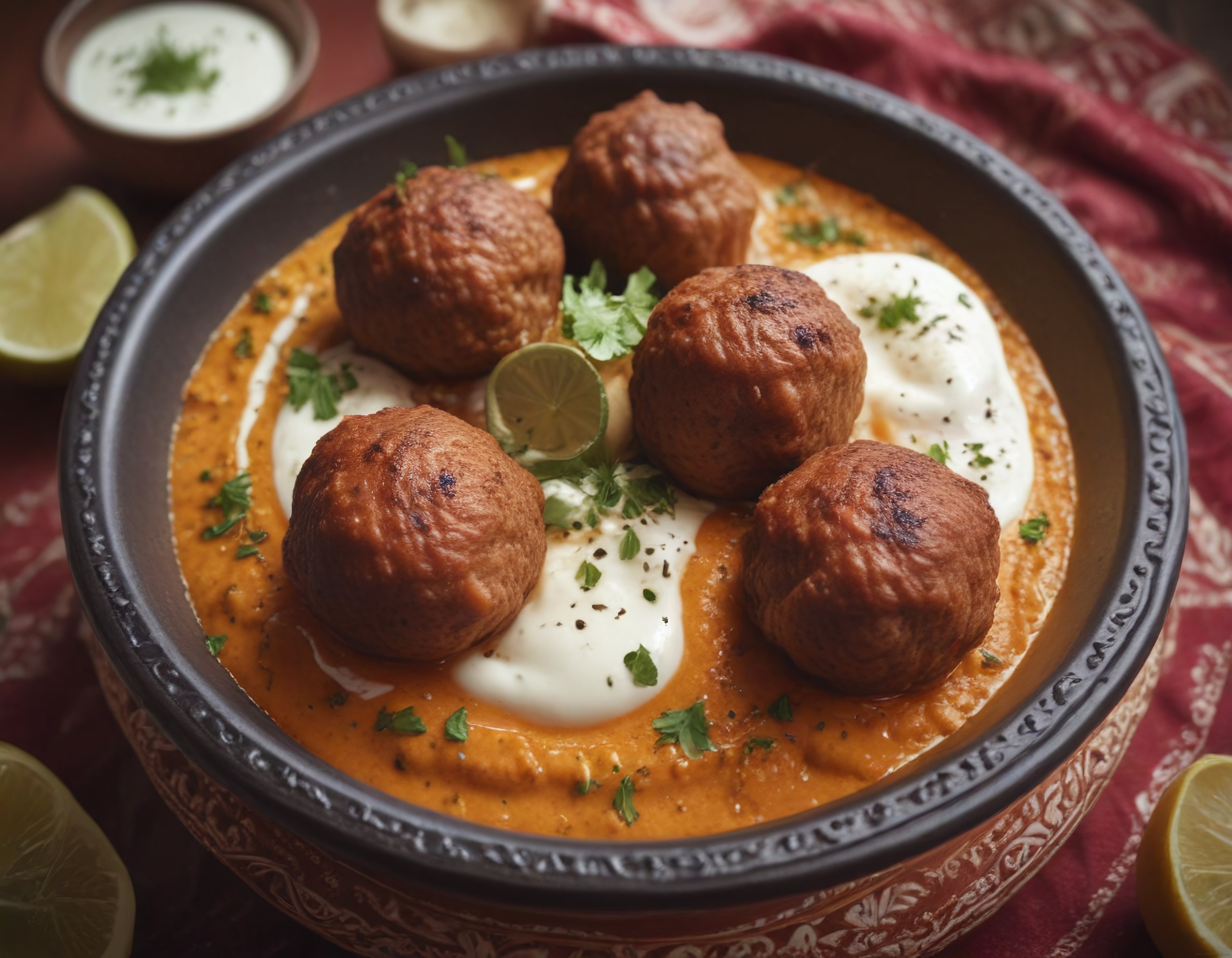 Geleneksel Baharatlı Köfte ve Yoğurt Soslu Hint Usulü Sıcak Yemek Sunumu
