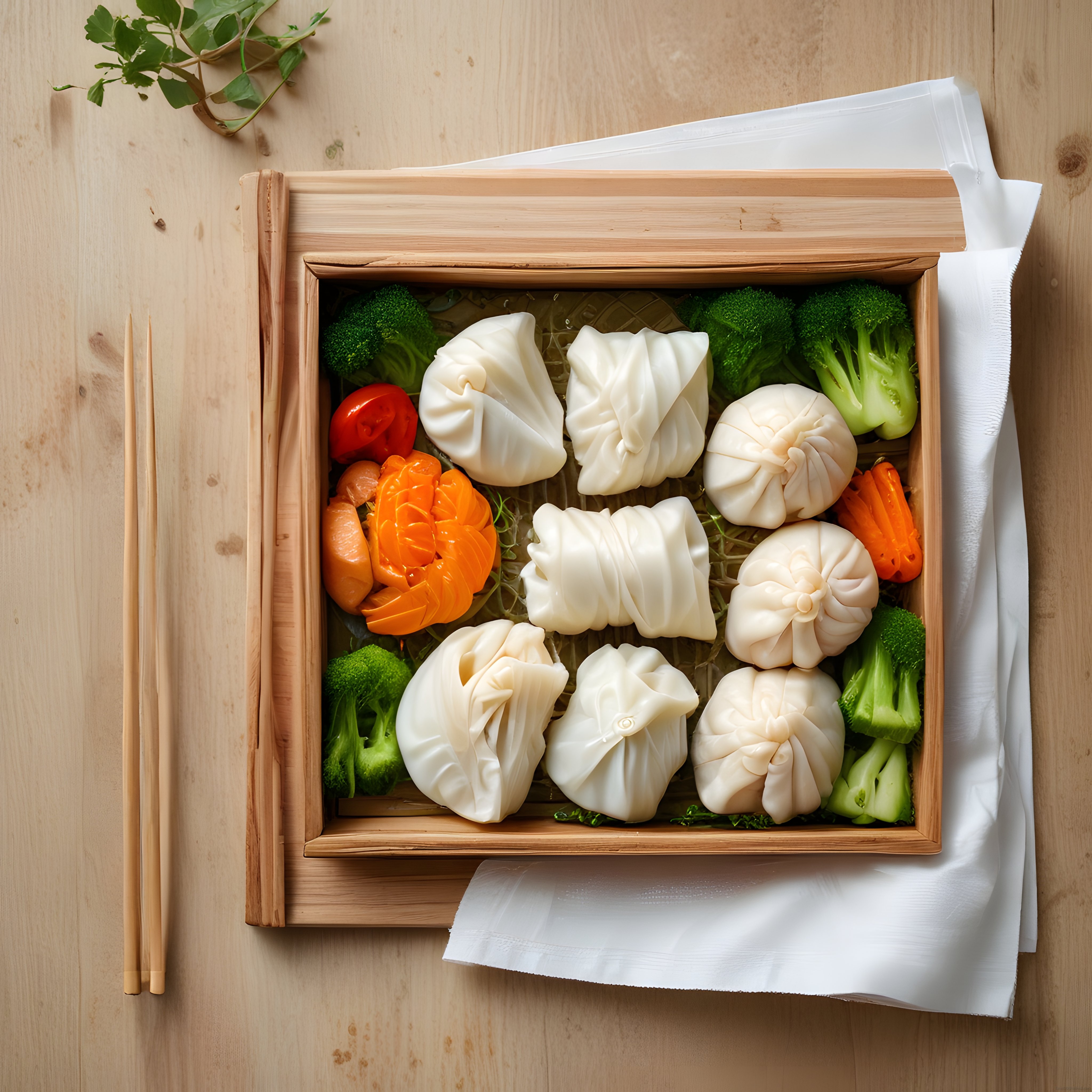 Geleneksel Bambu Buhar Sepetinde Özenle Hazırlanmış Dim Sum ve Taze Sebzeler