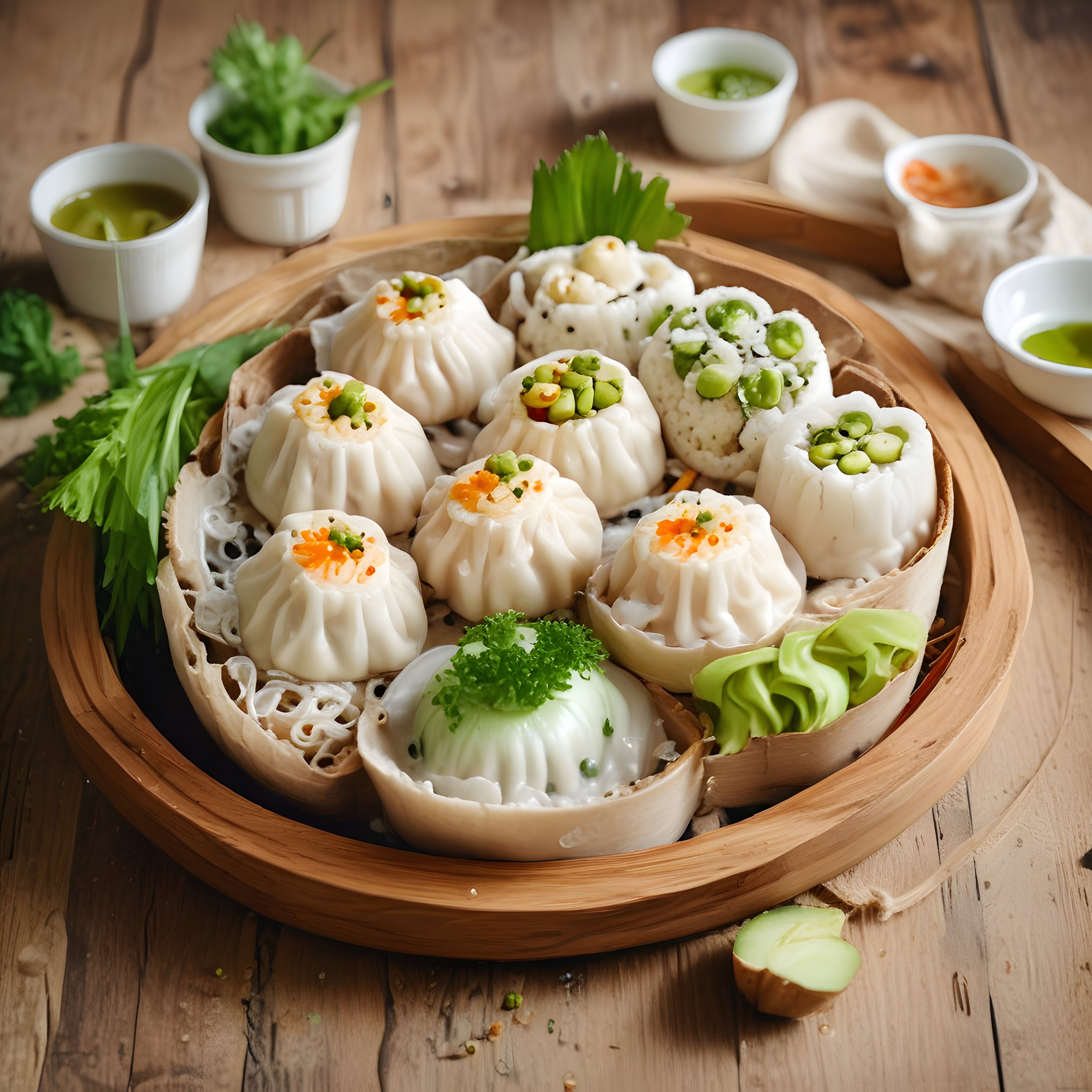 Geleneksel Bambu Buhar Sepetinde Renkli Dim Sum Mantı Çeşitleri ve Soslar