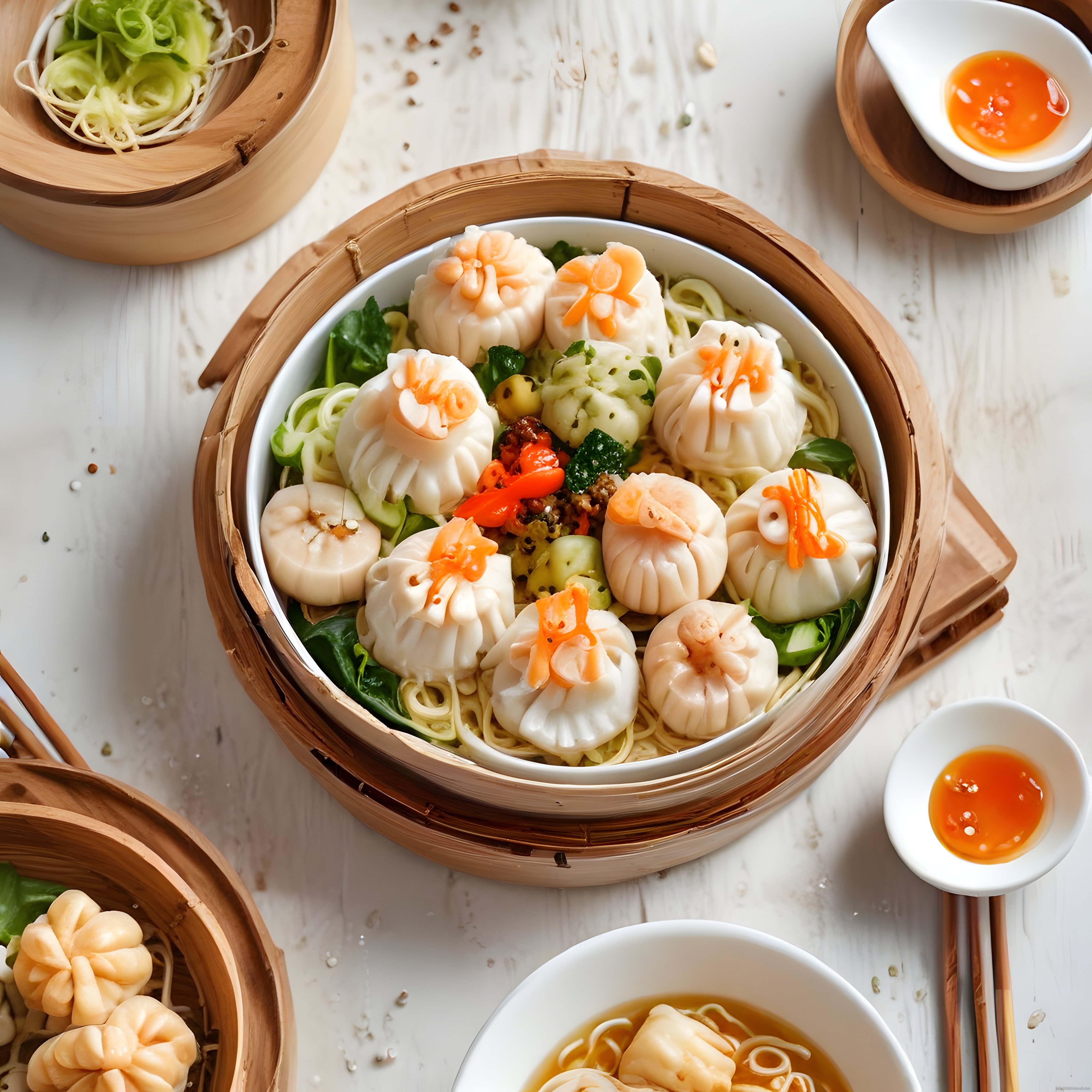 Geleneksel Bambu Buhar Sepetlerinde Karidesli Dim Sum Mantı ve Erişte Sunumu