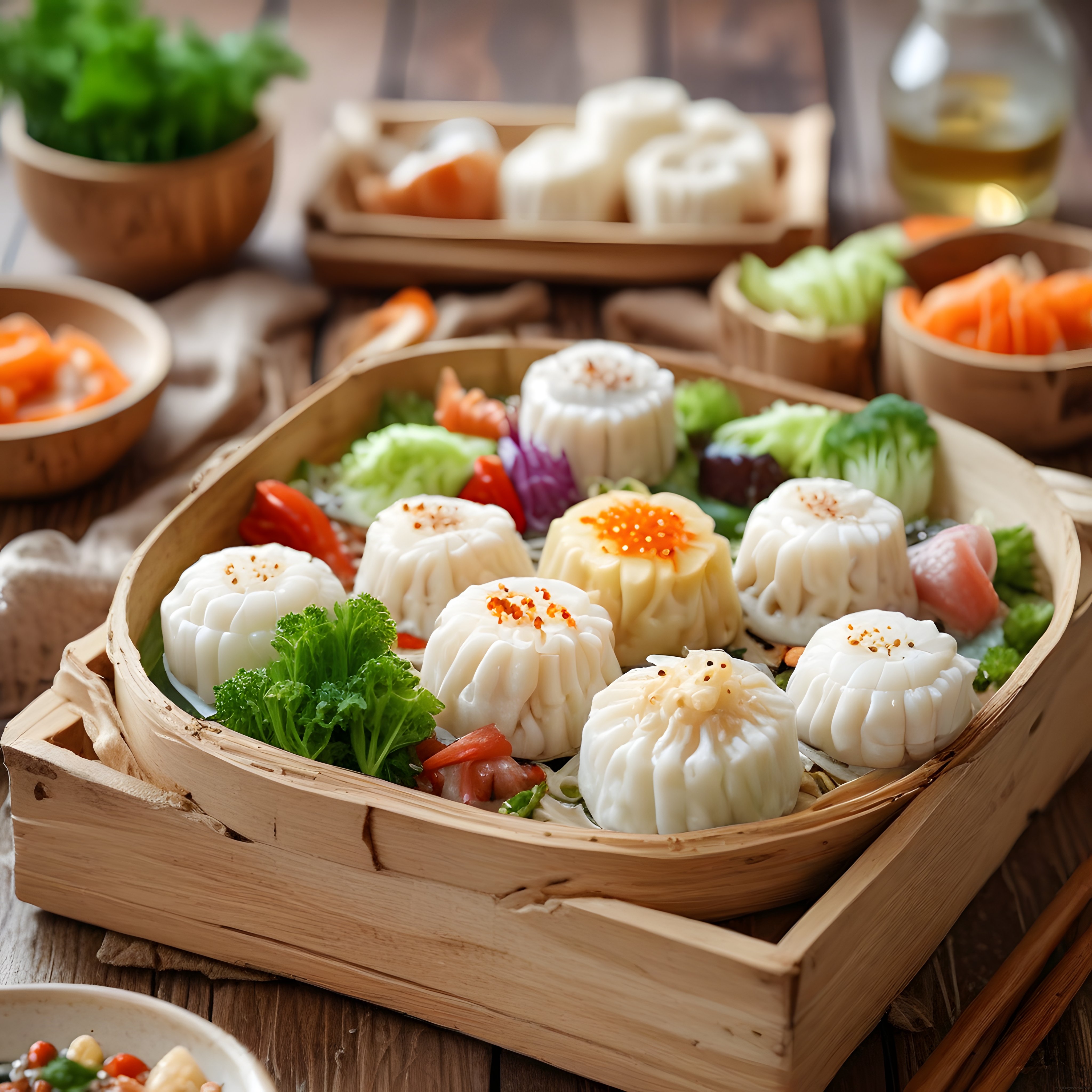 Geleneksel Bambu Buharda Çin Mantısı Dim Sum Sunumu ve Asya Mutfağı