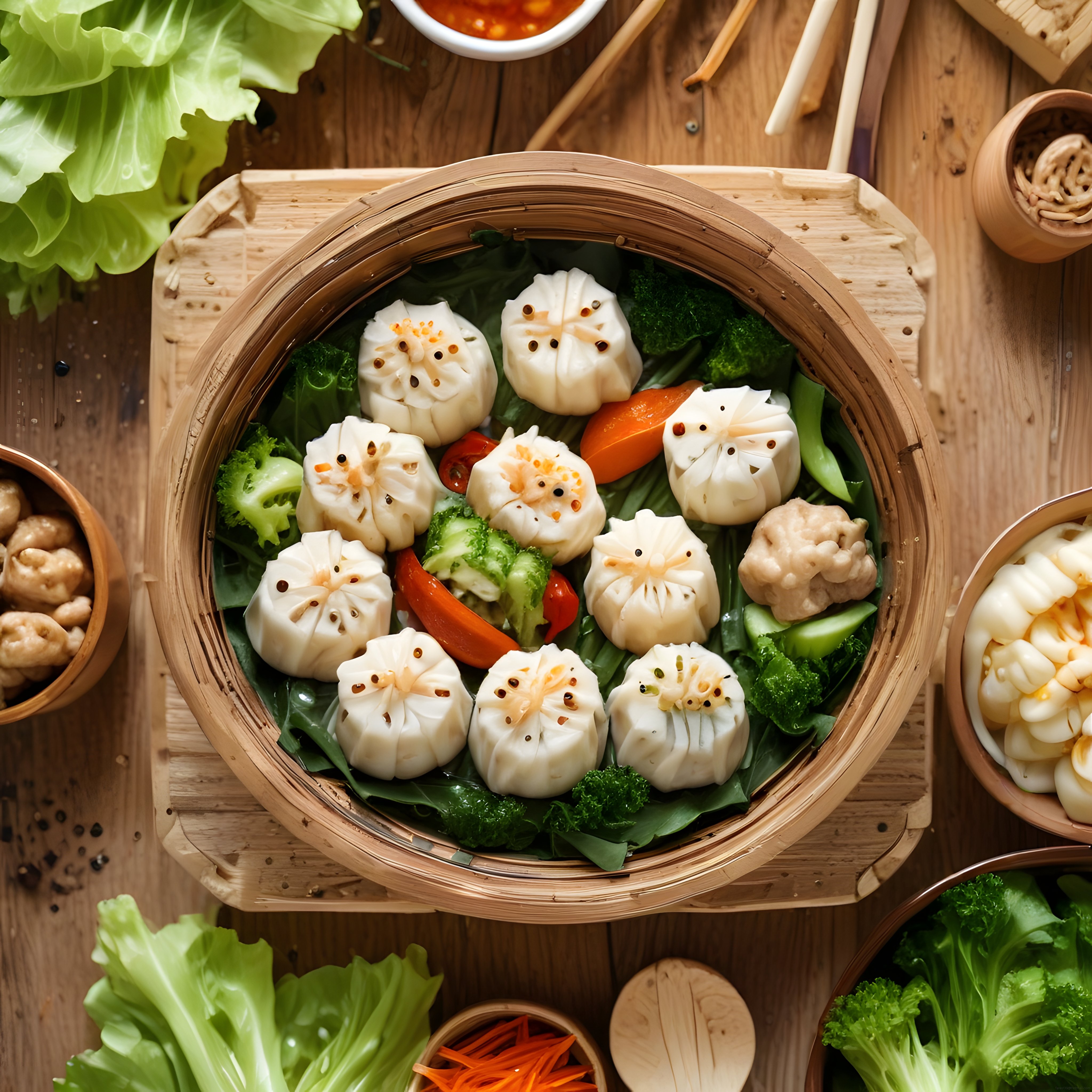 Geleneksel Bambu Buharda Dim Sum Mantı ve Renkli Sebze Tabağı