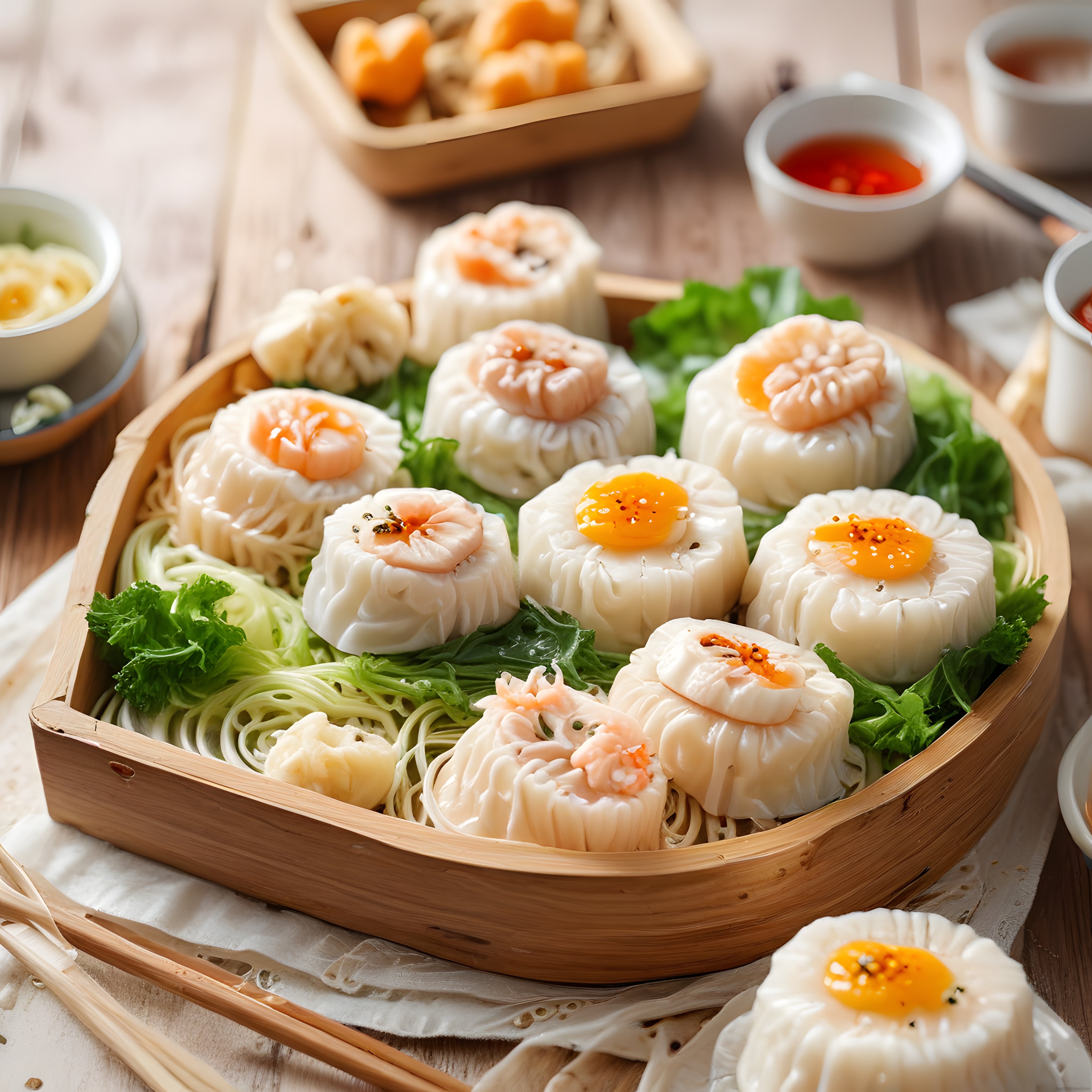 Geleneksel Bambu Buharda Karidesli Dim Sum Sunumu ve Uzak Doğu Lezzetleri