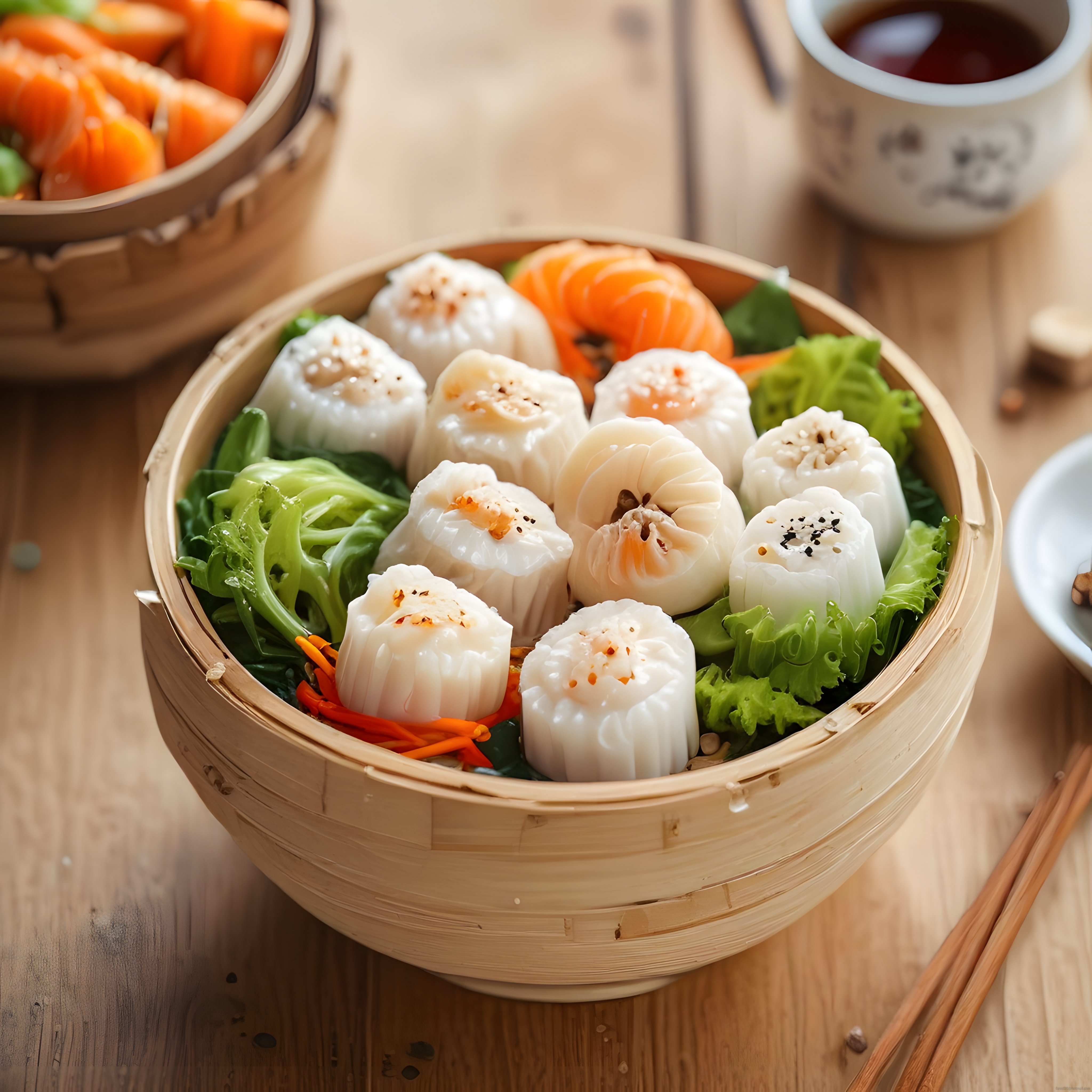 Geleneksel Bambu Buharda Pişirilmiş Dim Sum Çörekleri ve Asya Mutfağı Sunumu