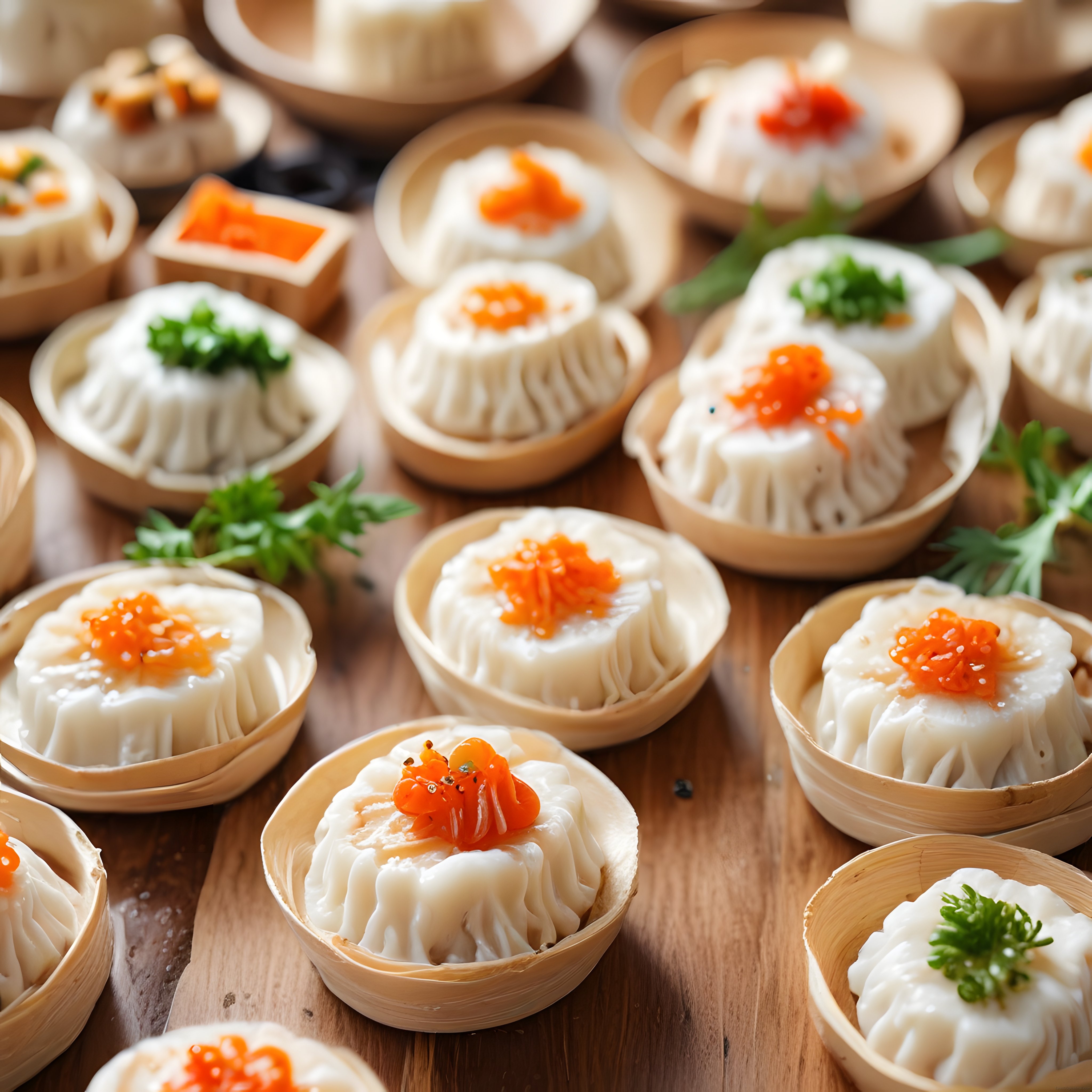 Geleneksel Bambu Buharda Pişirme Sepetlerinde Sunulan Havyarlı Dim Sum Mantıları