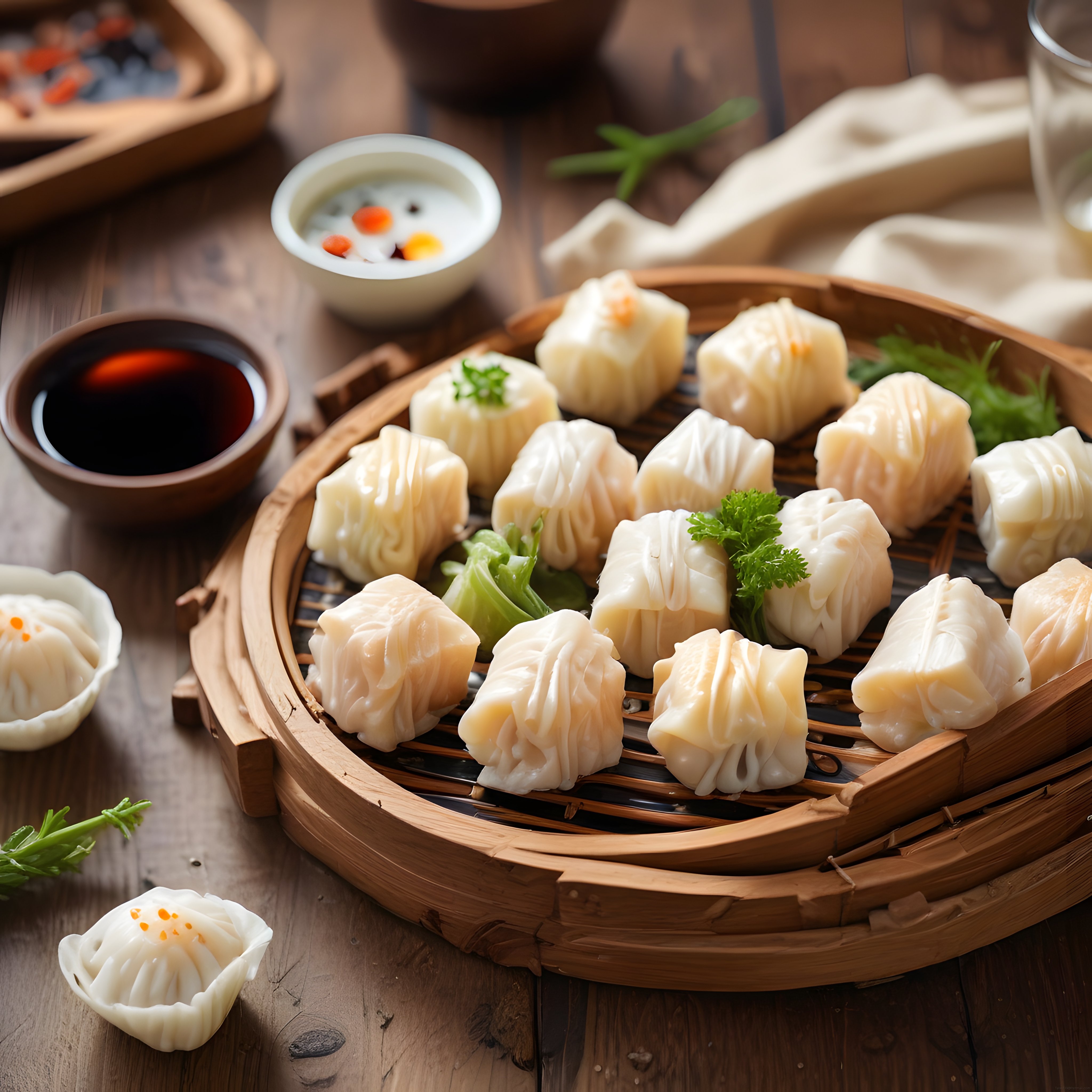 Geleneksel Bambu Buharda Sepetinde Karidesli Dim Sum ve Özel Sos Eşlikleri