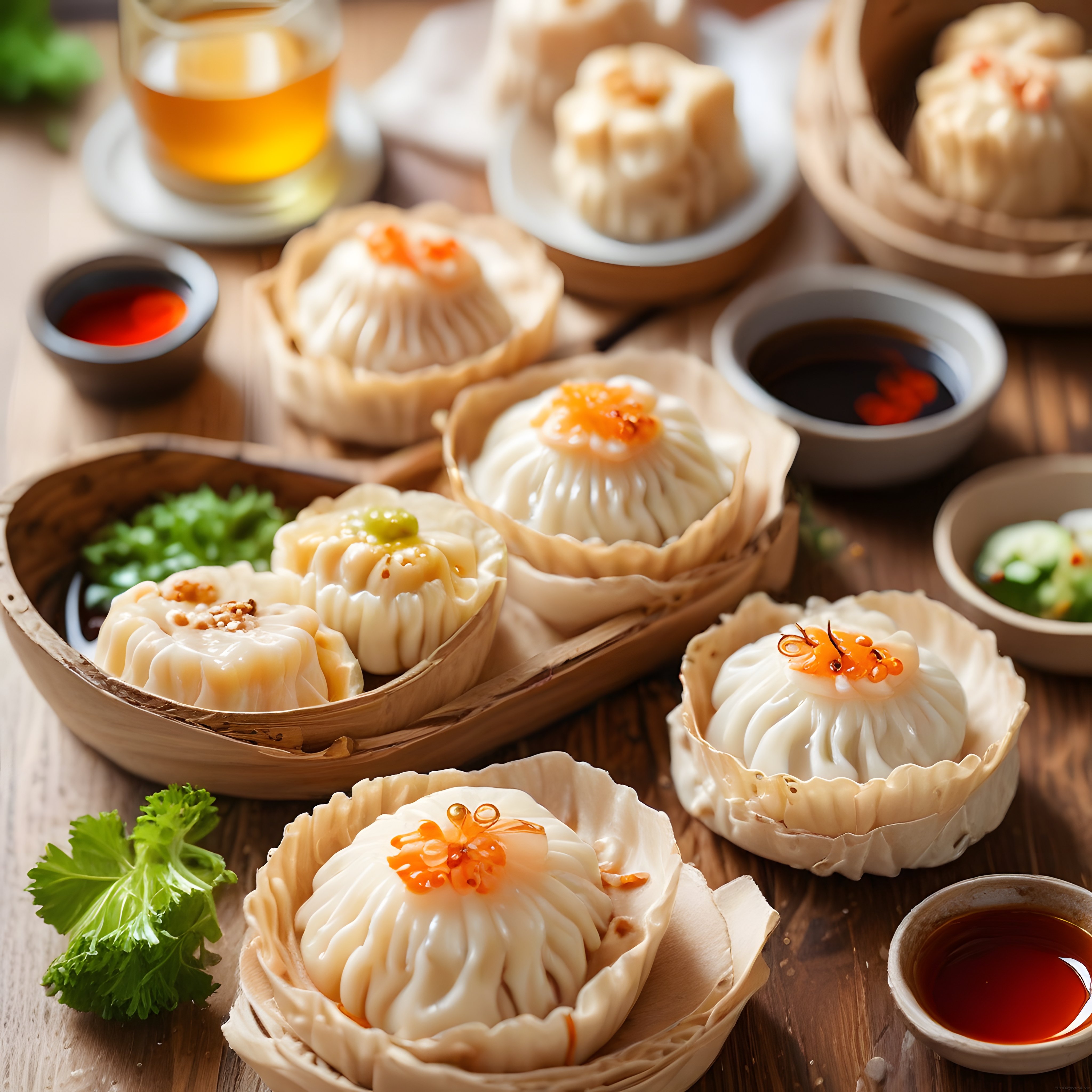 Geleneksel Bambu Buharda Sepetlerinde Dim Sum Mantı ve Asya Mutfağı Lezzetleri