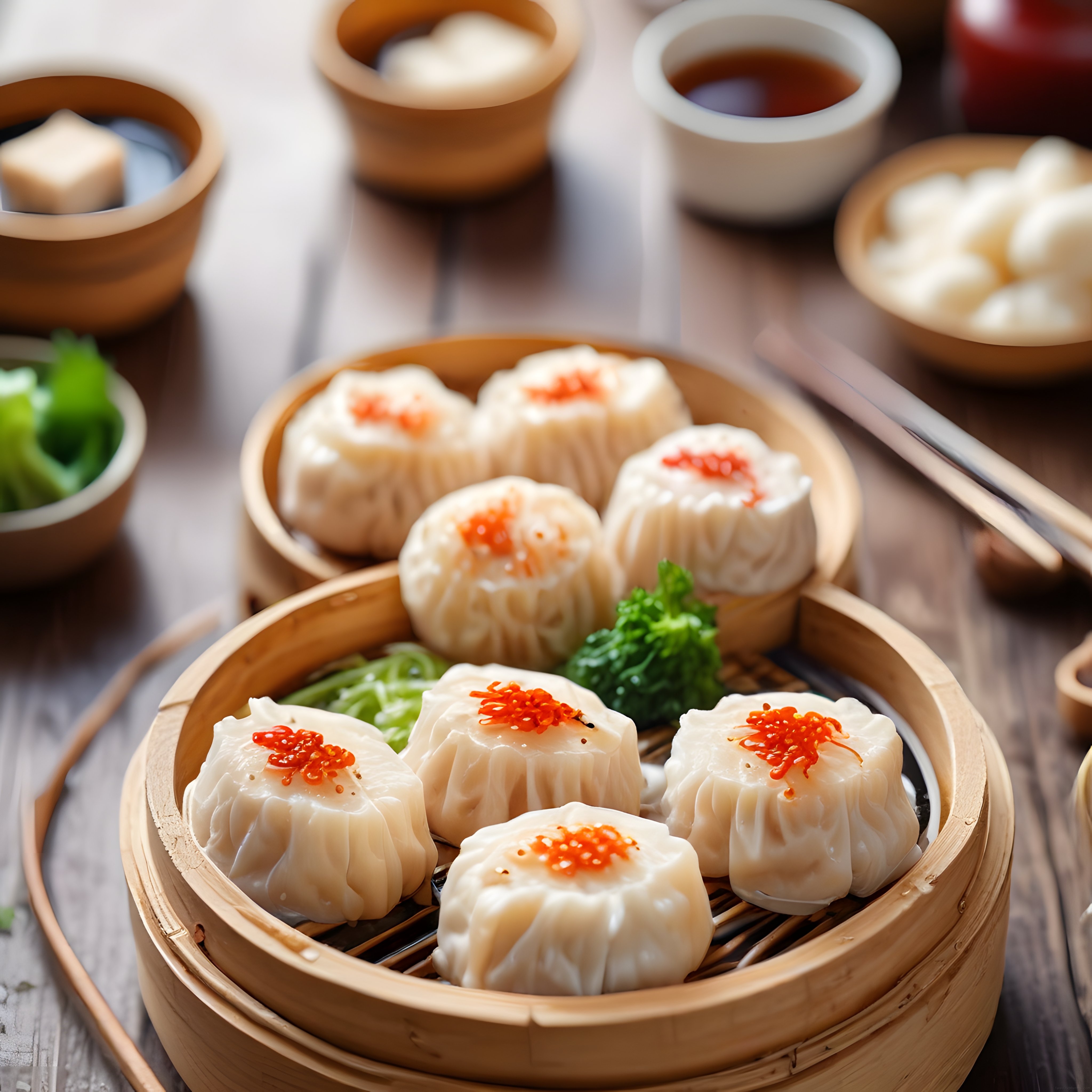 Geleneksel Bambu Buharda Servis Edilen Taze Dim Sum ve Shumai Lezzetleri