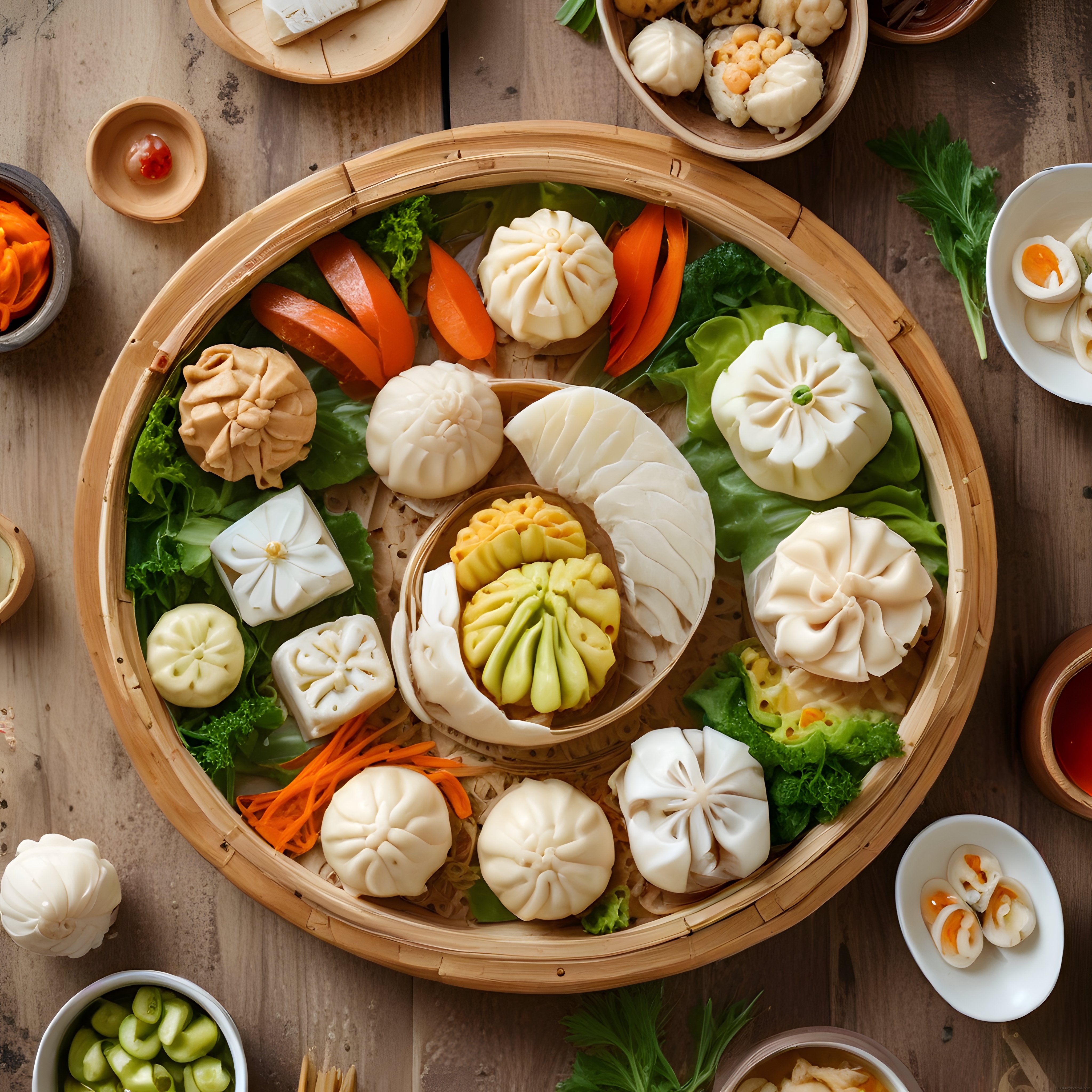 Geleneksel Bambu Buharda Sunulan Çeşitli Çin Mantısı ve Dim Sum Lezzetleri