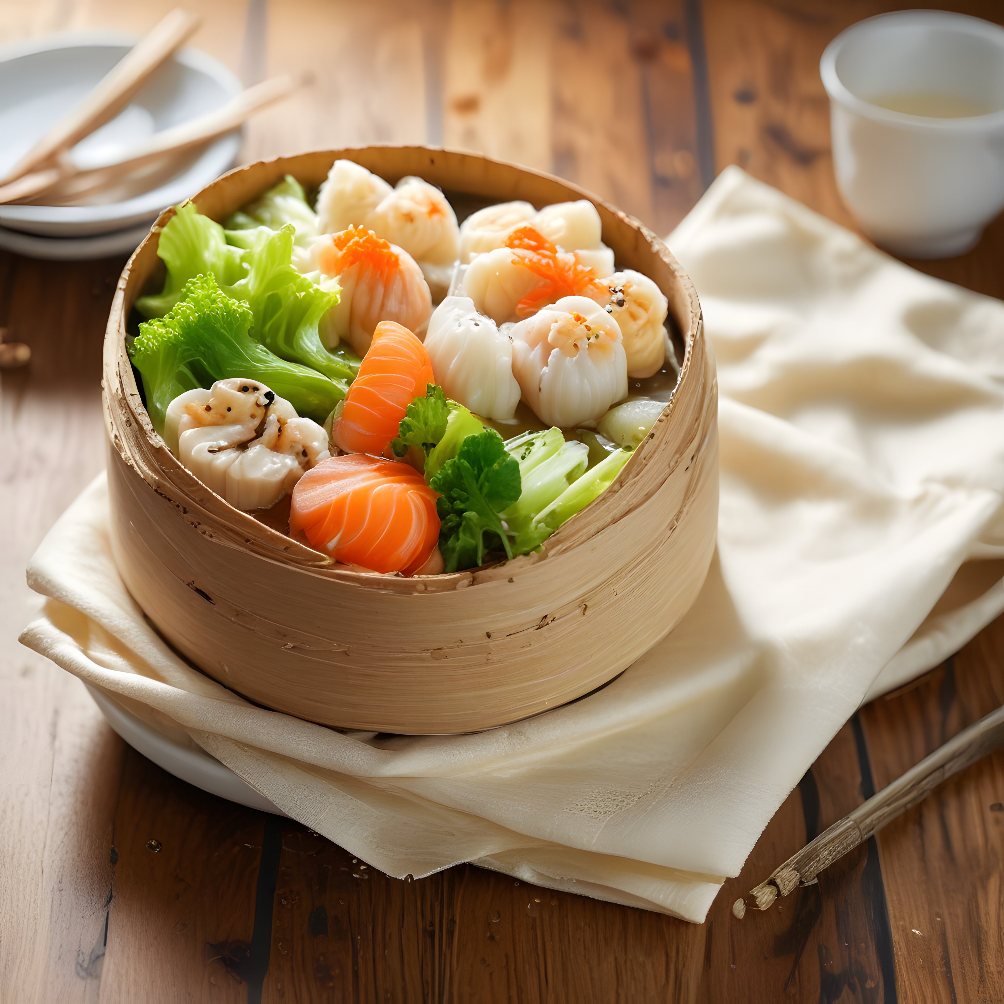 Geleneksel bambu sepetinde somon sashimi ve dim sum Asya mutfağı sunumu