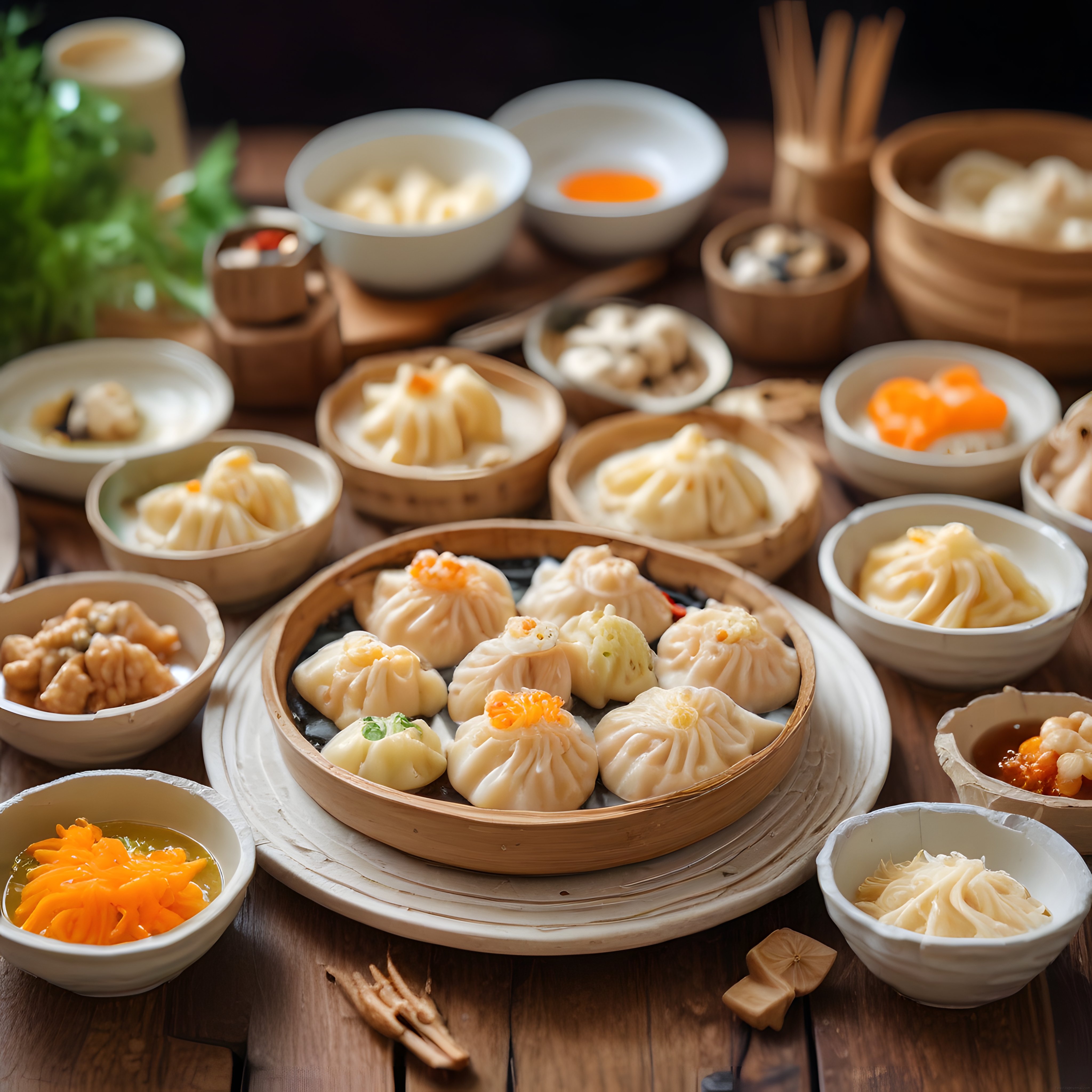 Geleneksel Bambu Sepetlerde Servis Edilen Çin Mantısı ve Dim Sum Çeşitleri