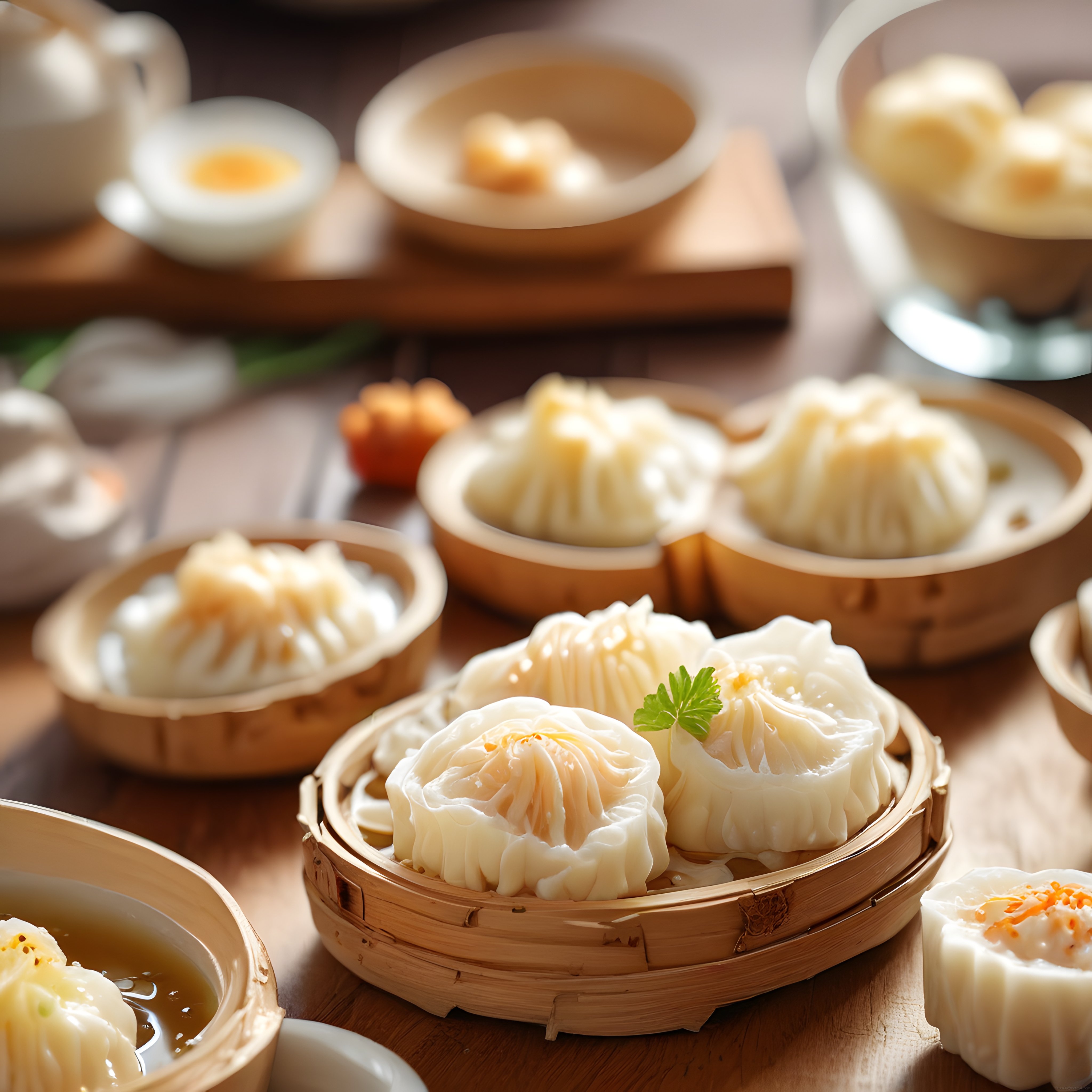 Geleneksel Bambu Sepetlerde Servis Edilen Taze Çin Dim Sum ve Mantı Çeşitleri