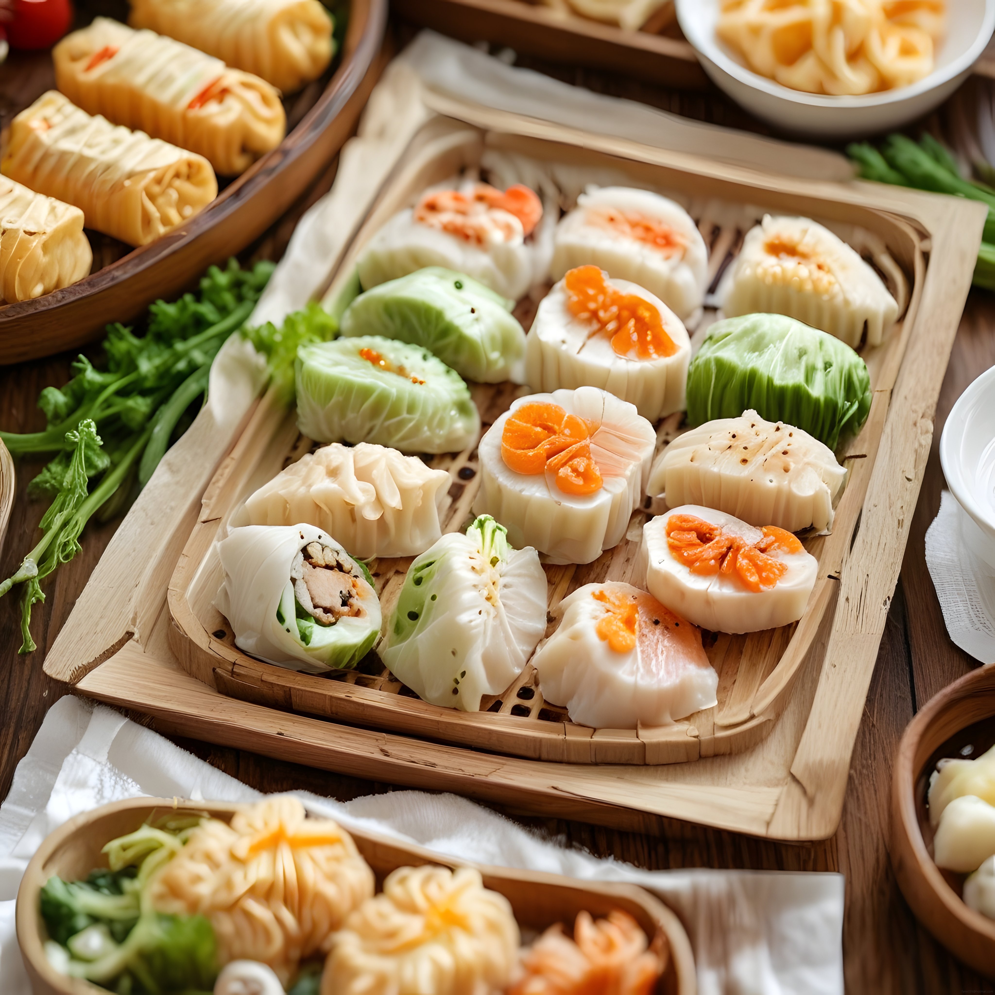 Geleneksel Bambu Sepetlerde Sunulan Çeşitli Dim Sum ve Buharda Pişmiş Tatlar