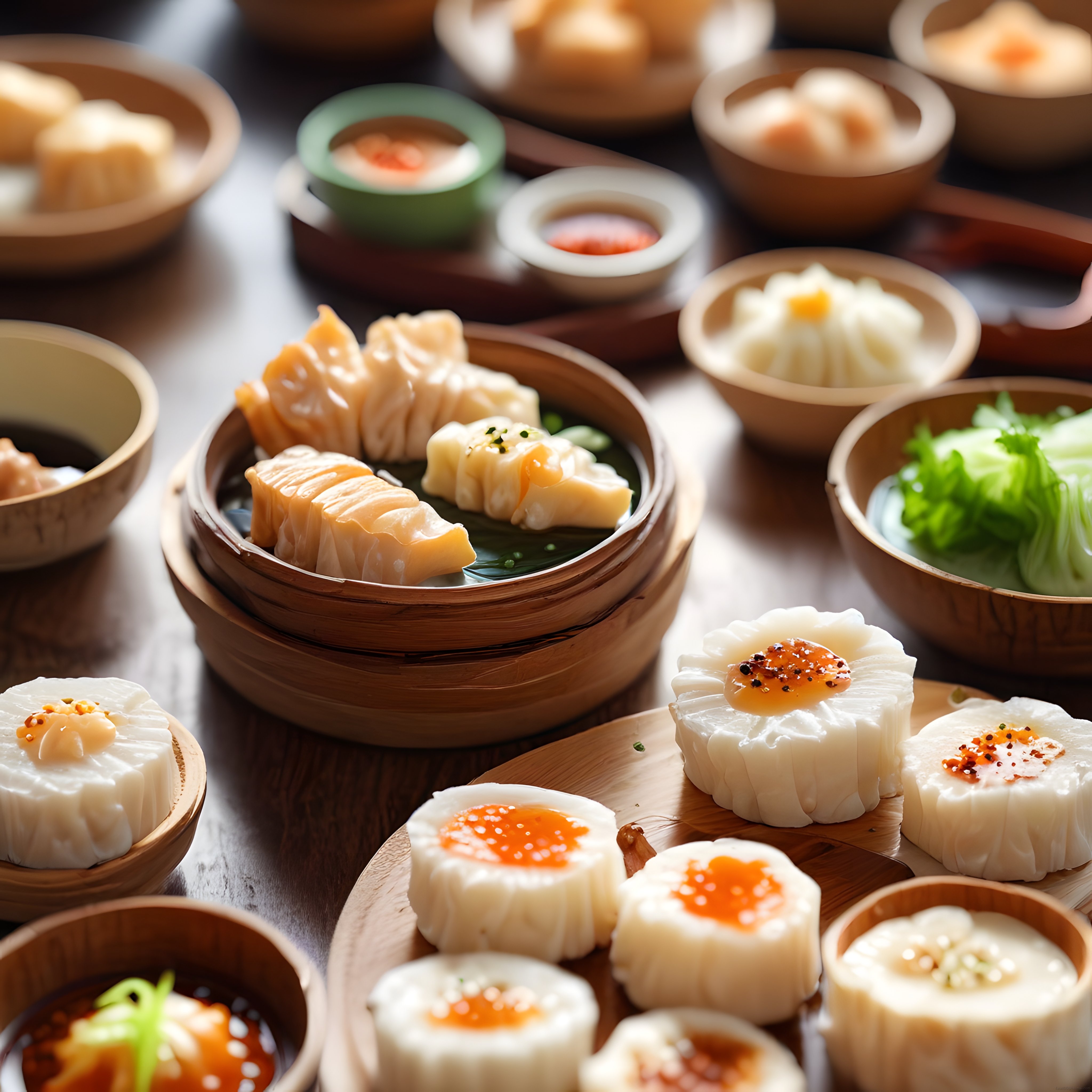 Geleneksel Bambu Sepetlerde Sunulan Çin Dim Sum Lezzetleri ve Turuncu Soslar