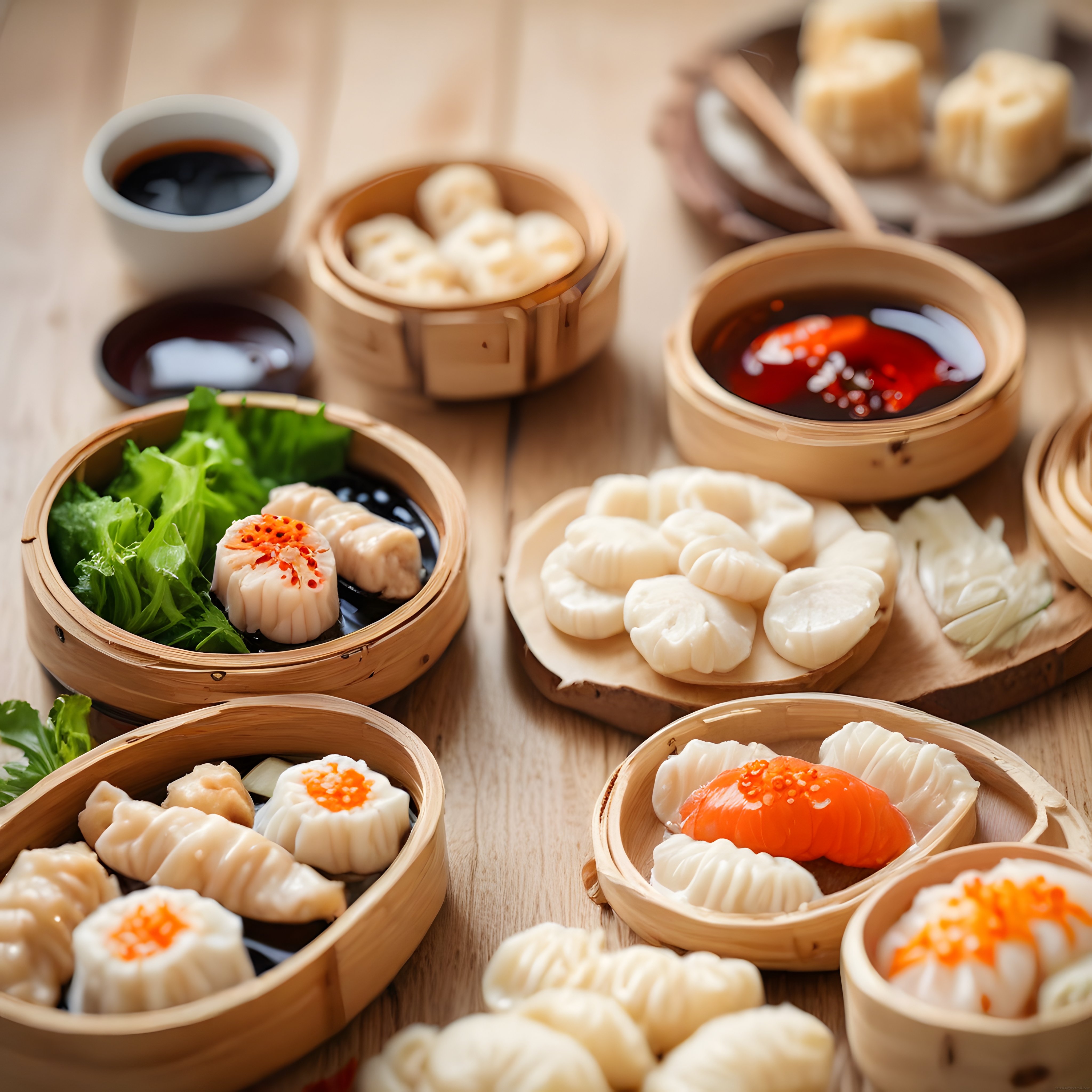 Geleneksel Bambu Sepetlerde Sunulan Taze Dim Sum Çeşitleri ve Özel Soslar