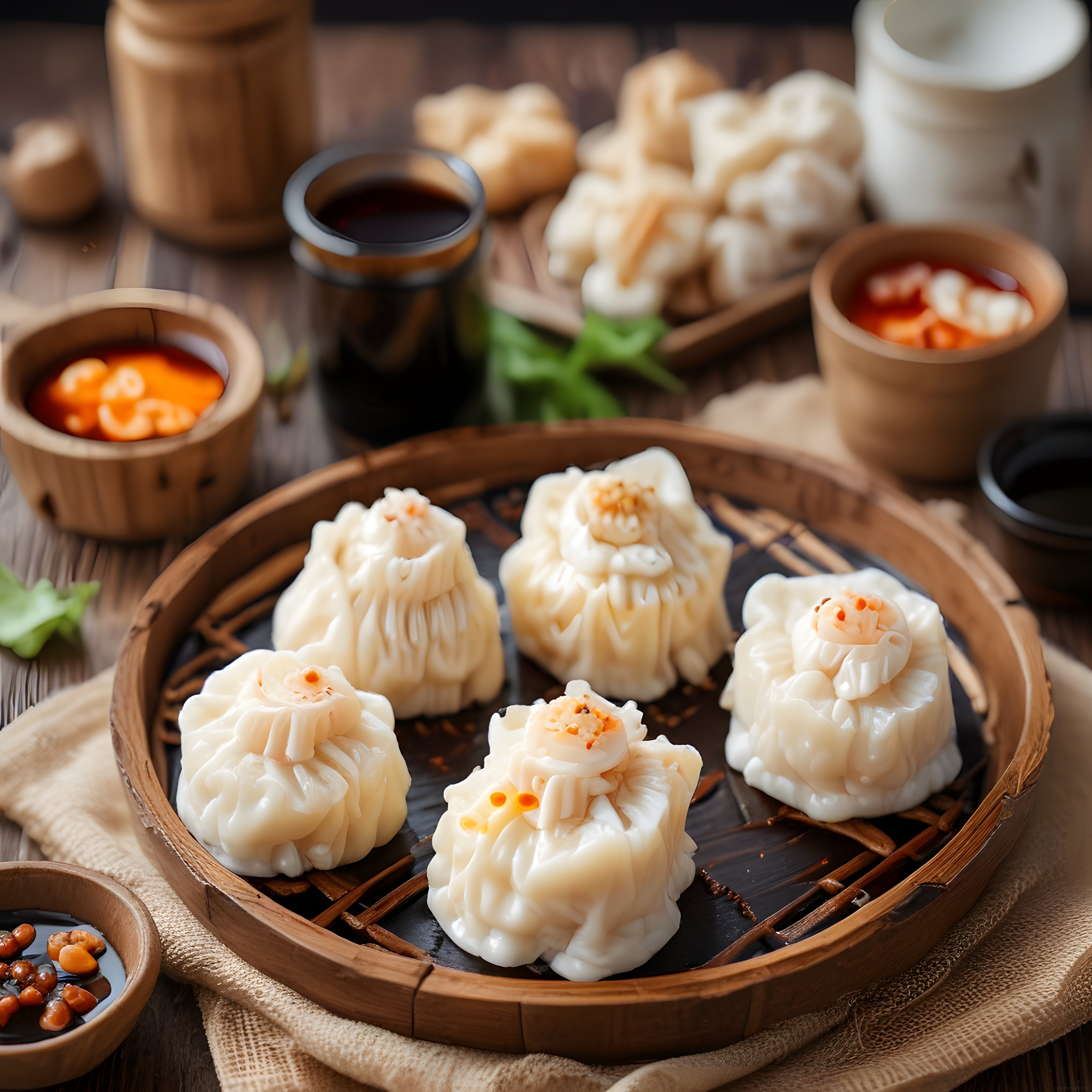 Geleneksel Bambu Sepette Dim Sum Mantı ve Asya Sosları Sunumu