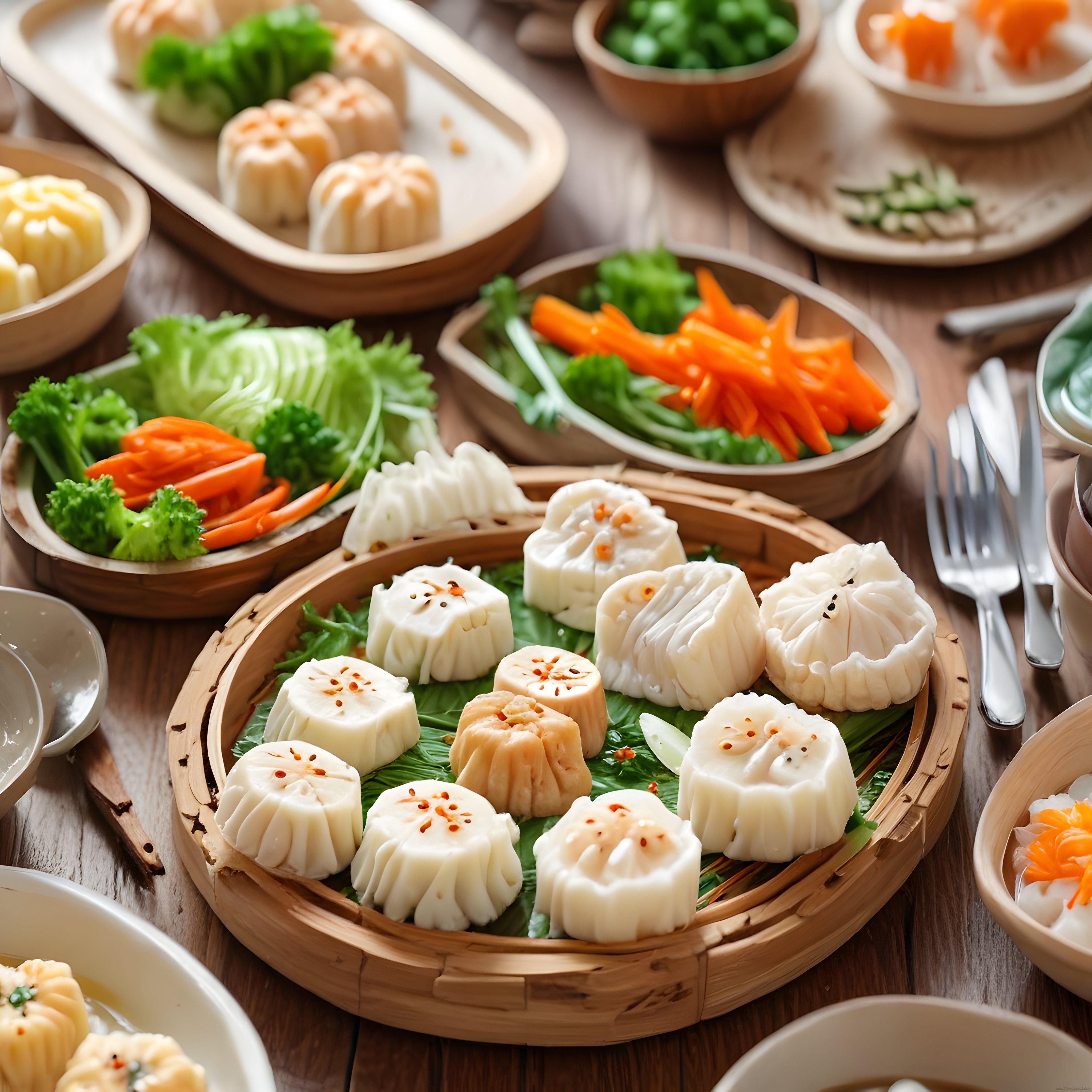 Geleneksel Bambu Sepette Sunulan Buharda Pişmiş Dim Sum ve Taze Sebzeler