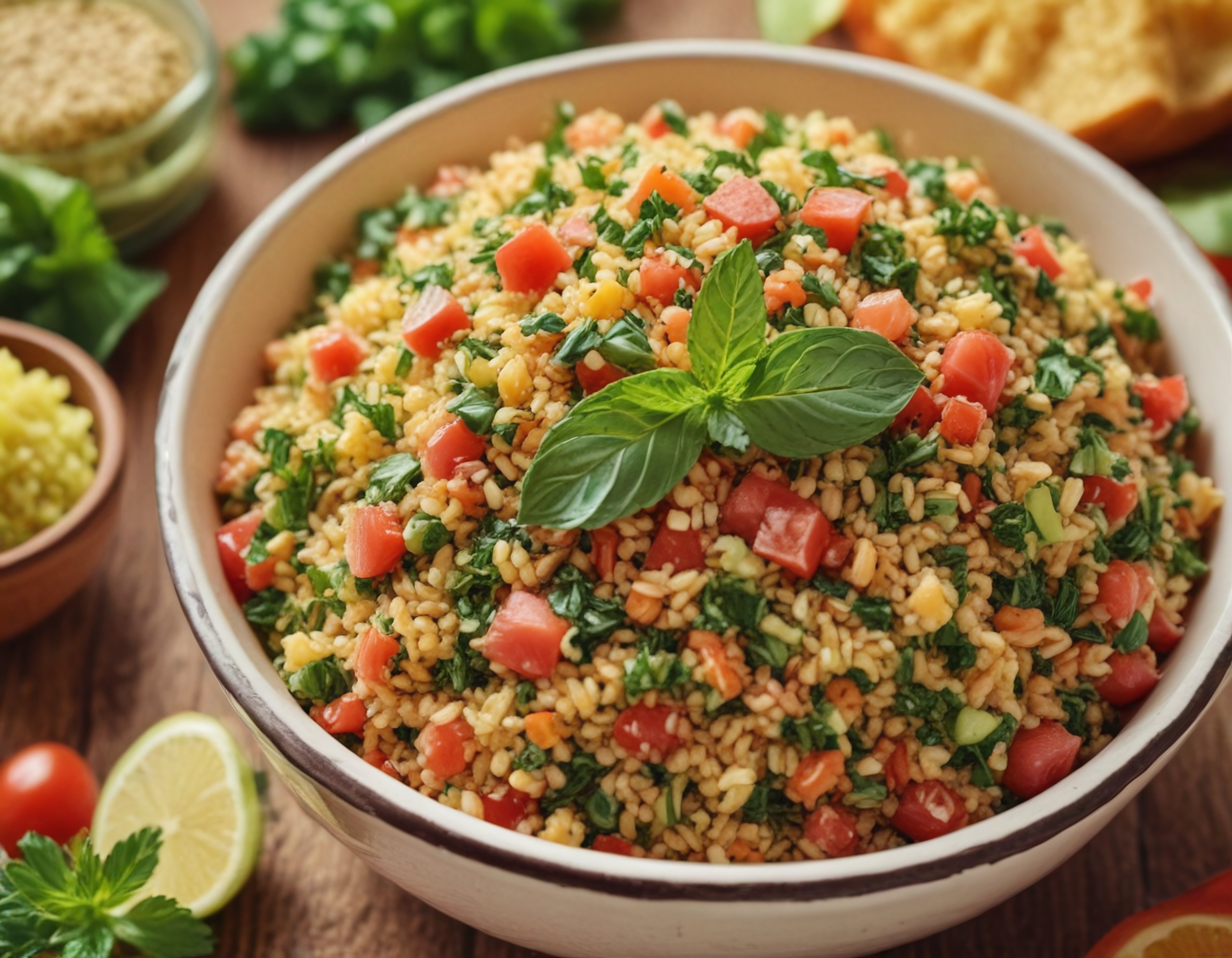 Geleneksel bulgur salatası tabule: taze domates ve ot kasesi sunumu