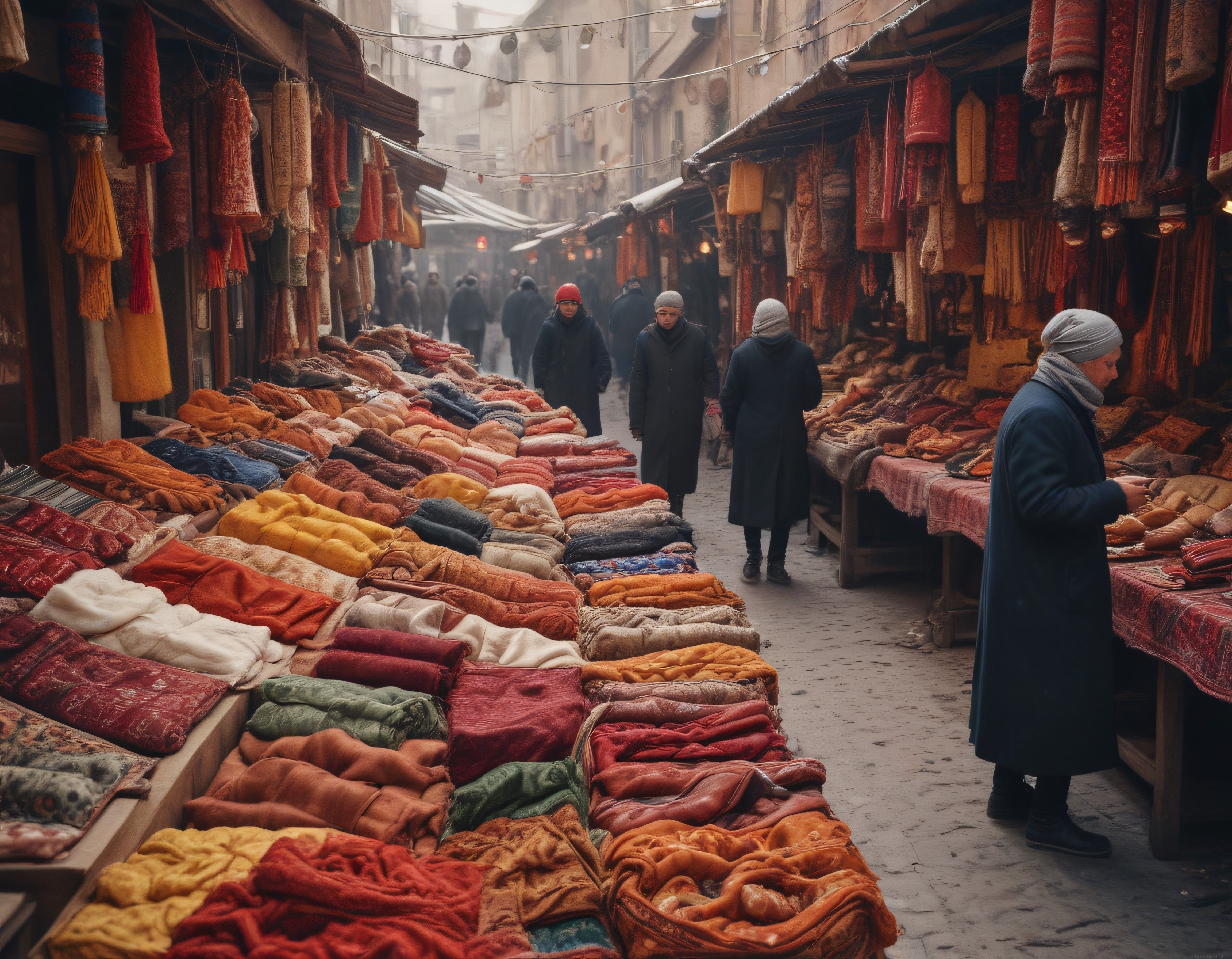 Geleneksel çarşı sokağında renkli kumaş pazarı ve sisli hava atmosferi