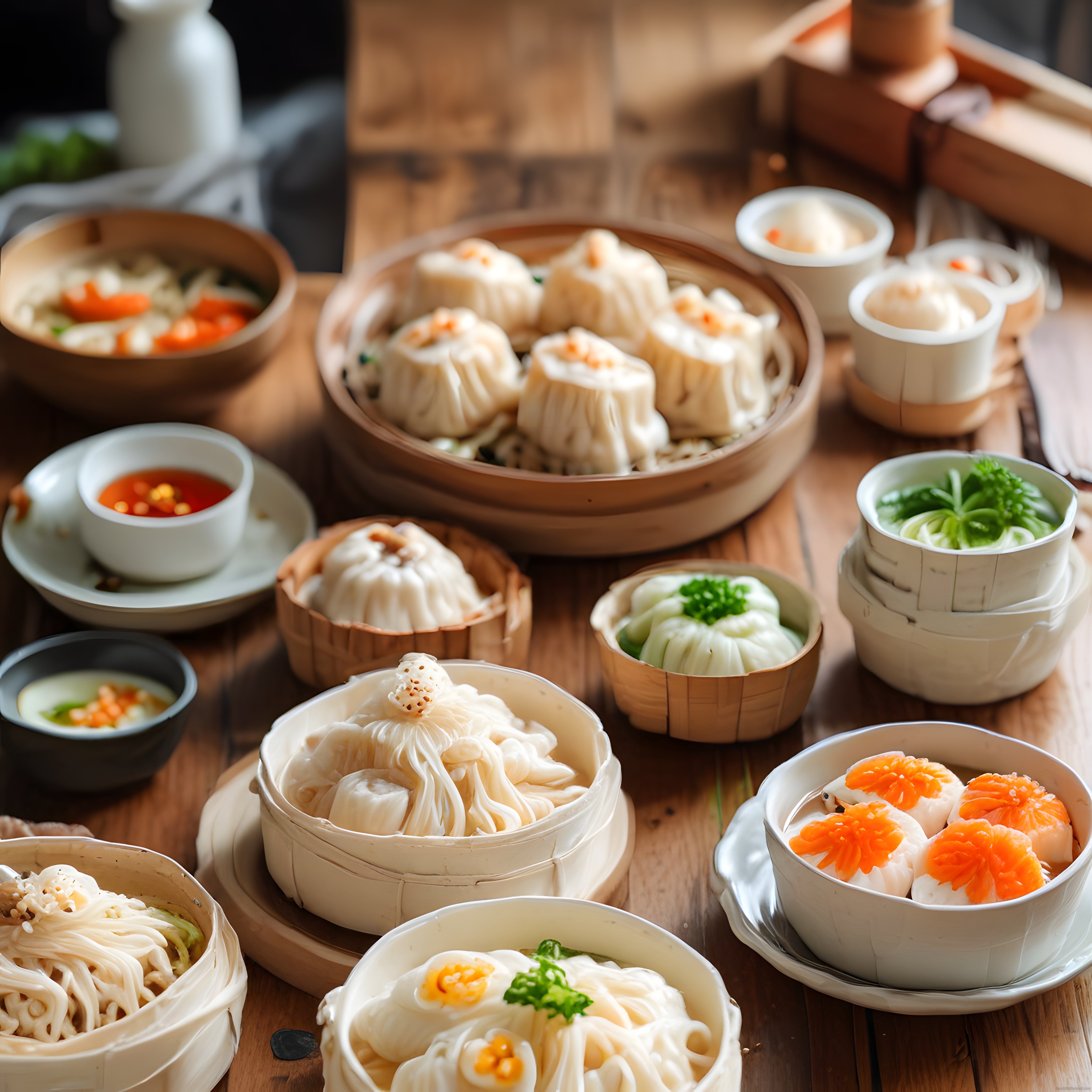 Geleneksel Çin Dim Sum Çeşitleri ve Buharda Pişirilmiş Mantı Sunumu