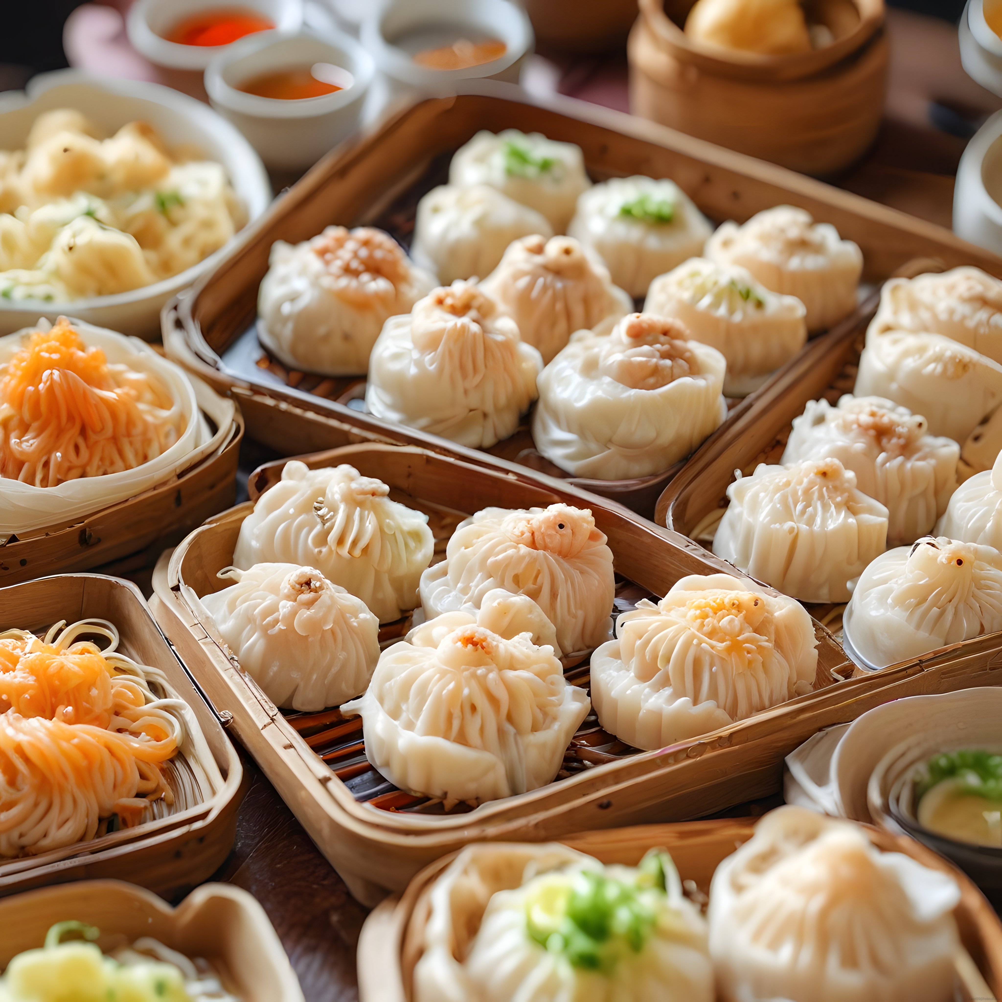 Geleneksel Çin Dim Sum Çeşitleriyle Dolu Bambu Buhar Sepetleri ve Soslar