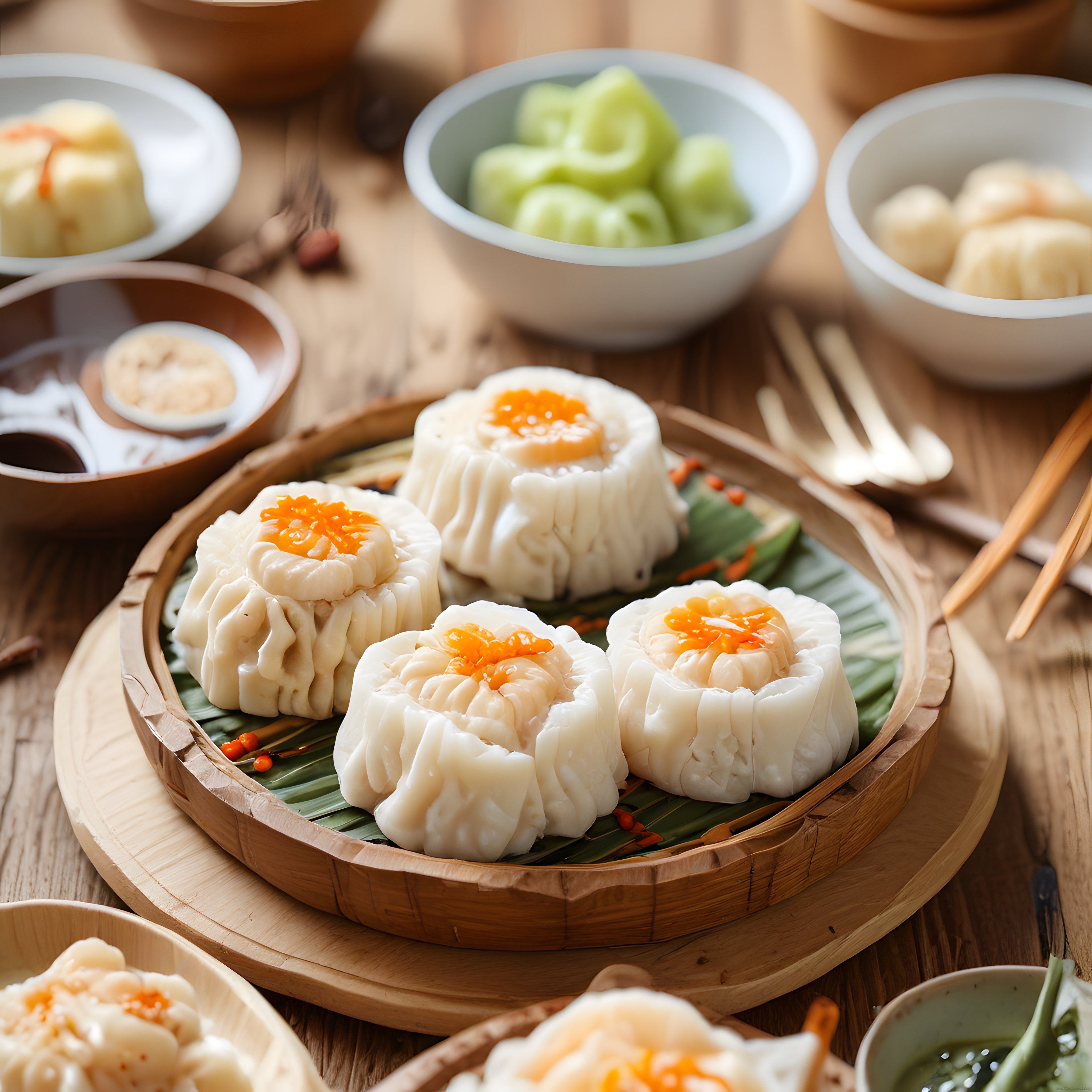 Geleneksel Çin Dim Sum Lezzeti: Buharda Pişmiş Deniz Ürünlü Siu Mai Sunumu