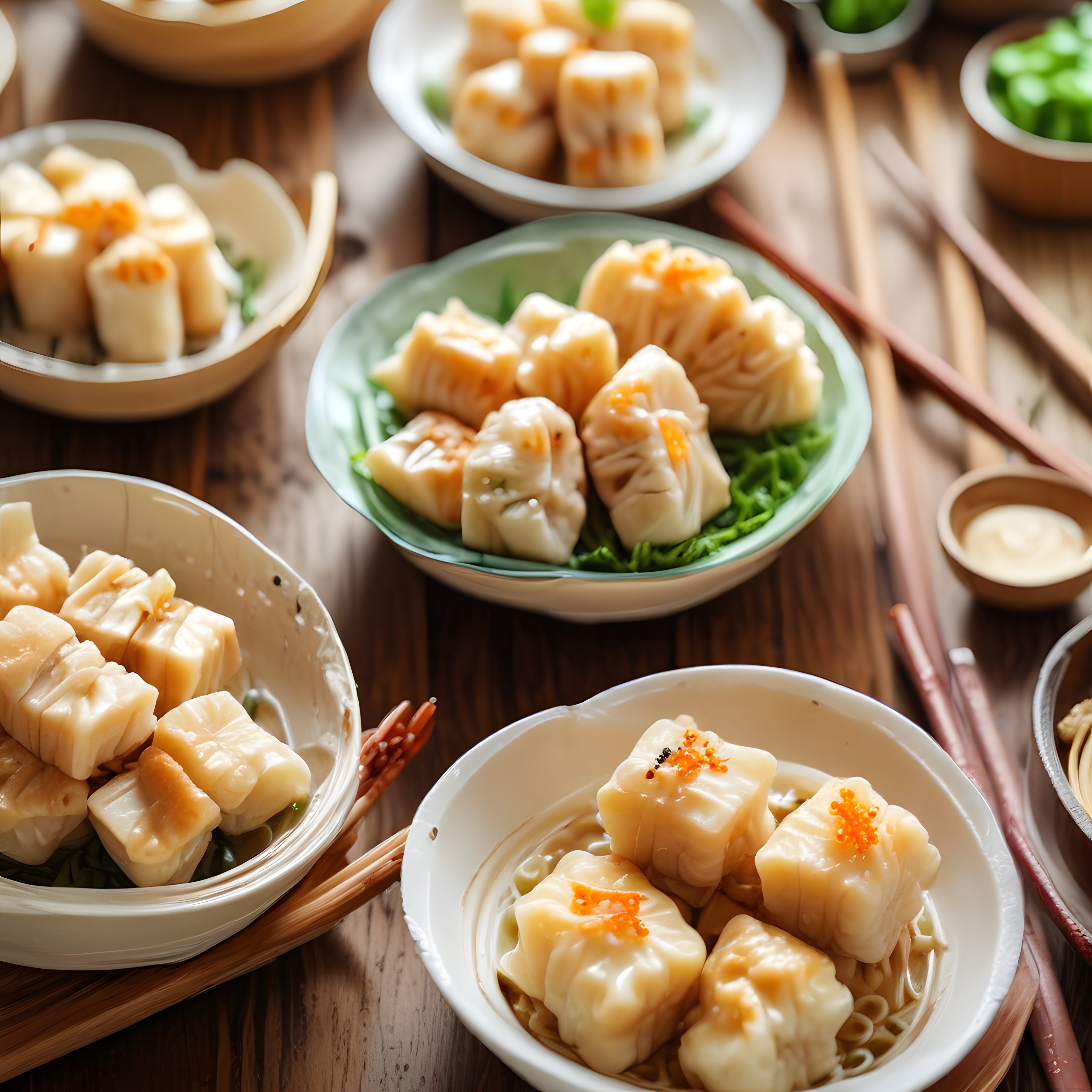 Geleneksel Çin dim sum mantı çeşitleri bambu sepet ve seramik kaselerde soya soslu