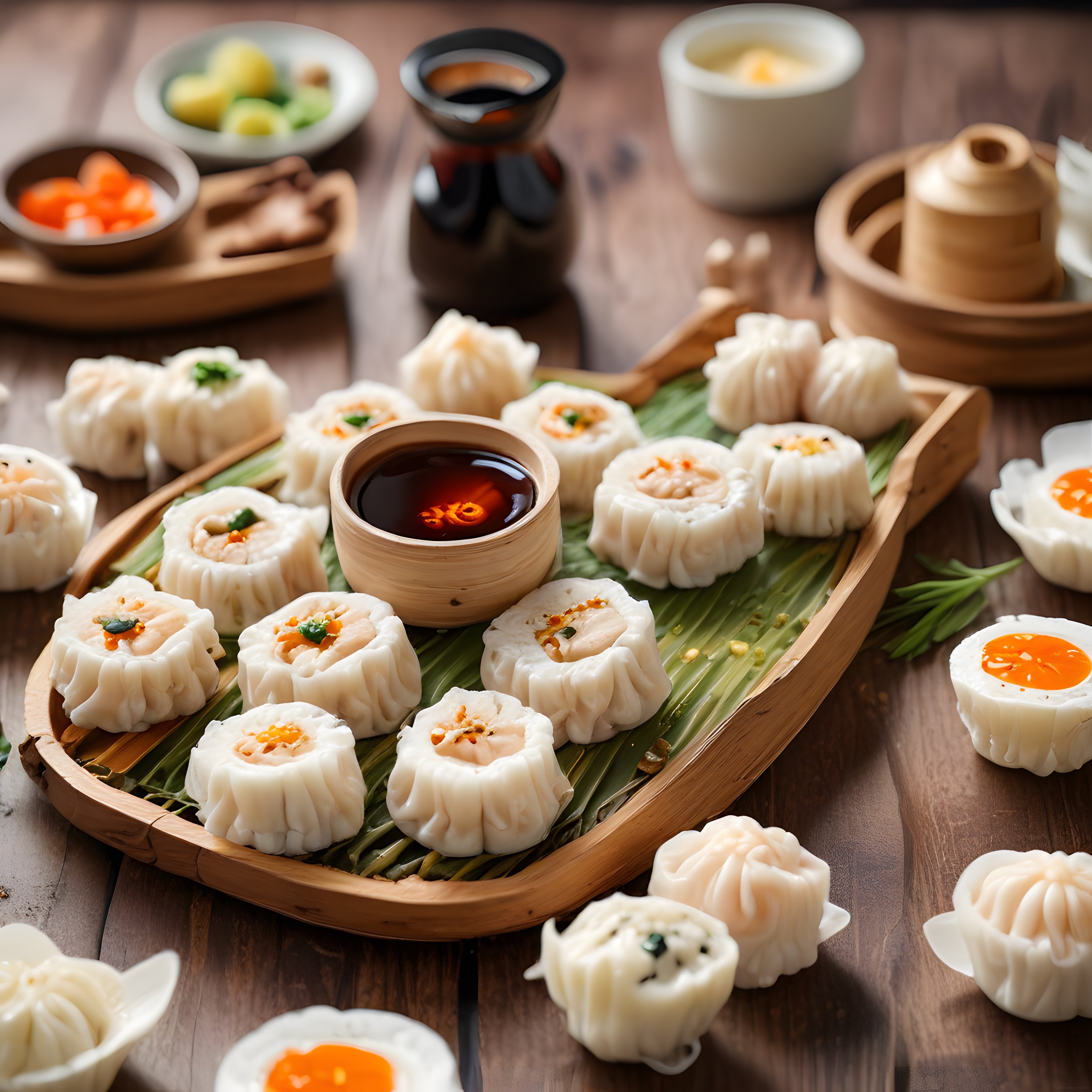 Geleneksel Çin Dim Sum Servisi: Buharda Pişirilmiş Shumai ve Soya Sosu Sunumu