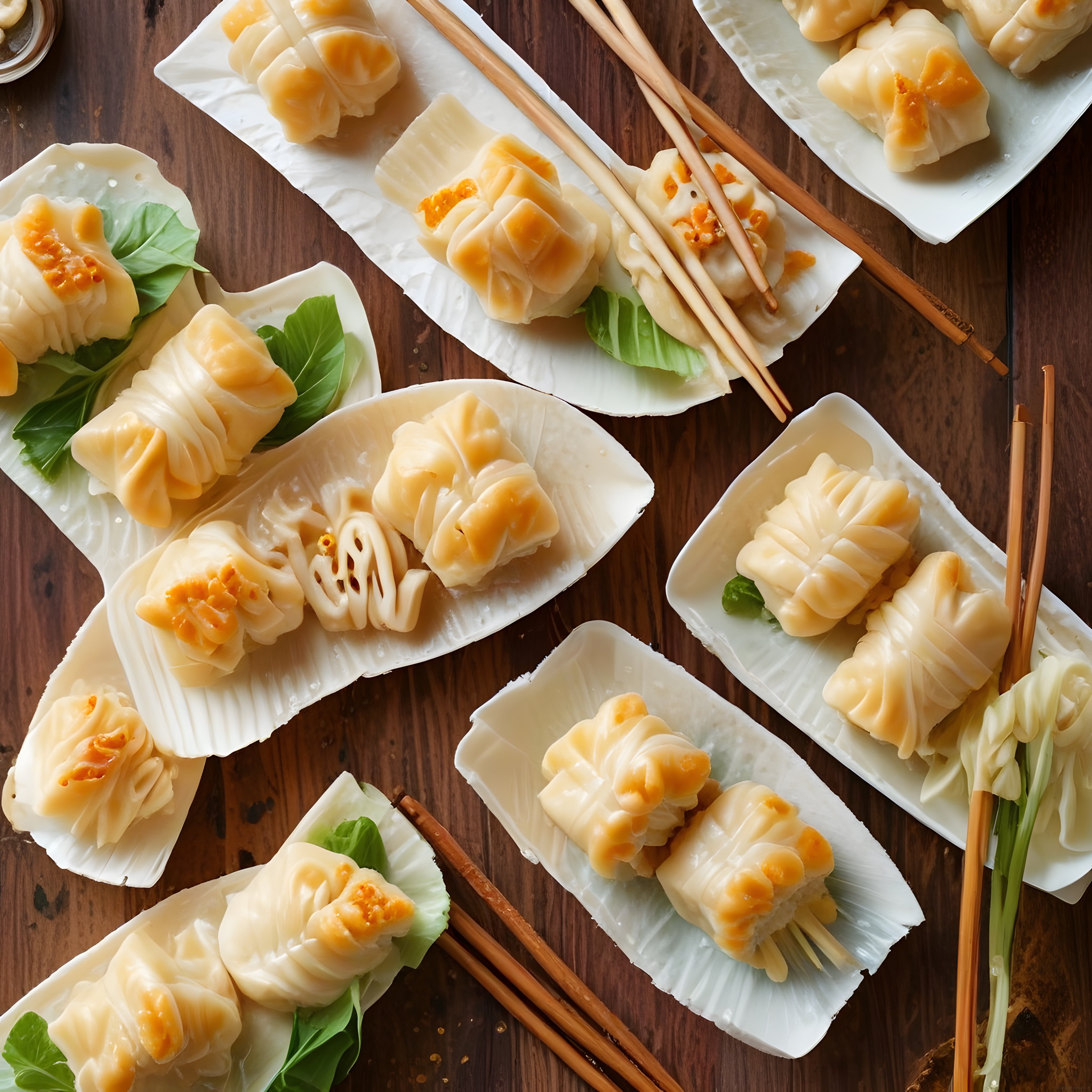geleneksel çin mantıları ahşap masa üzerinde buharda pişmiş dim sum sunumu