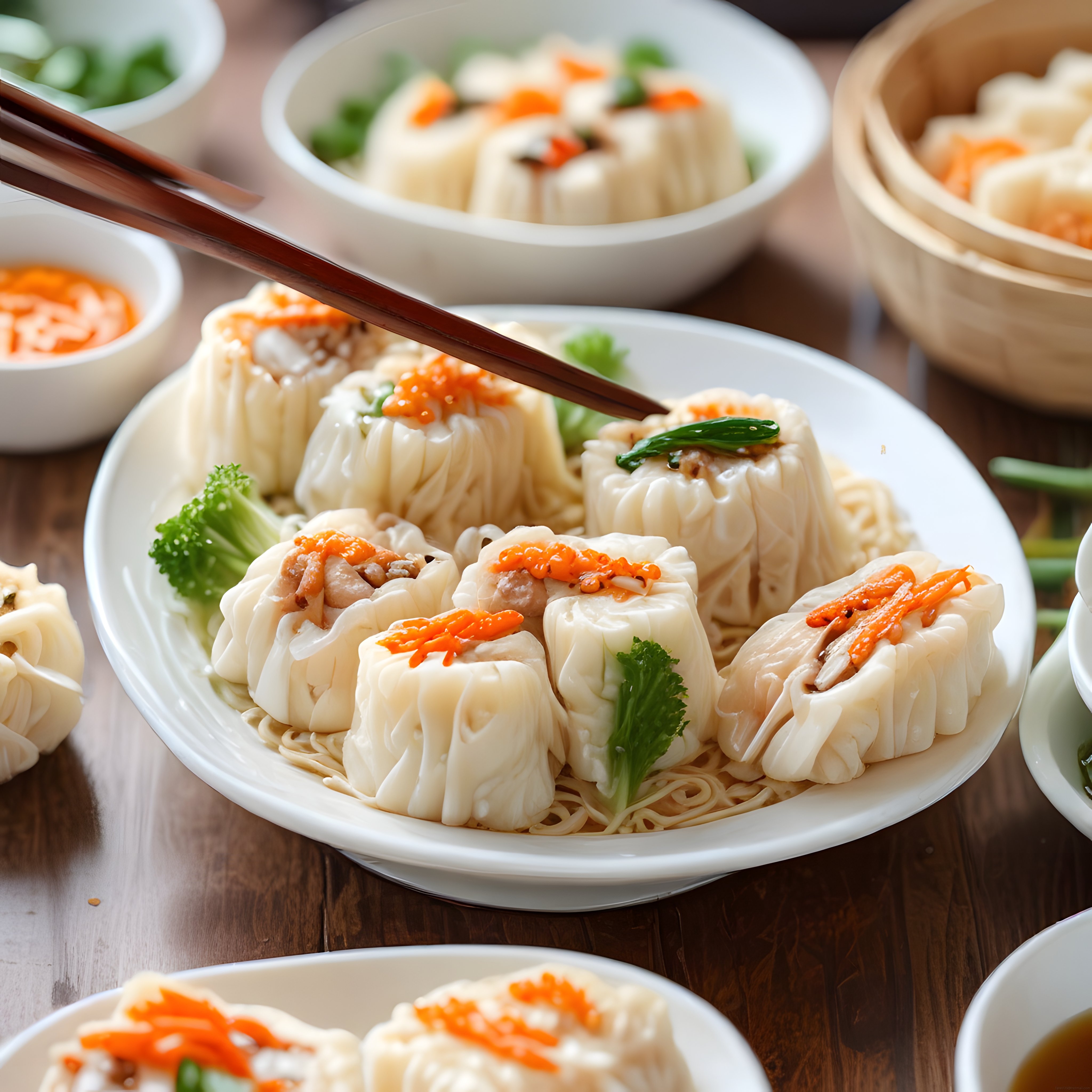 Geleneksel Çin Mantısı Dim Sum: Buharda Pişirilmiş Siu Mai ve Erişte Tabağı