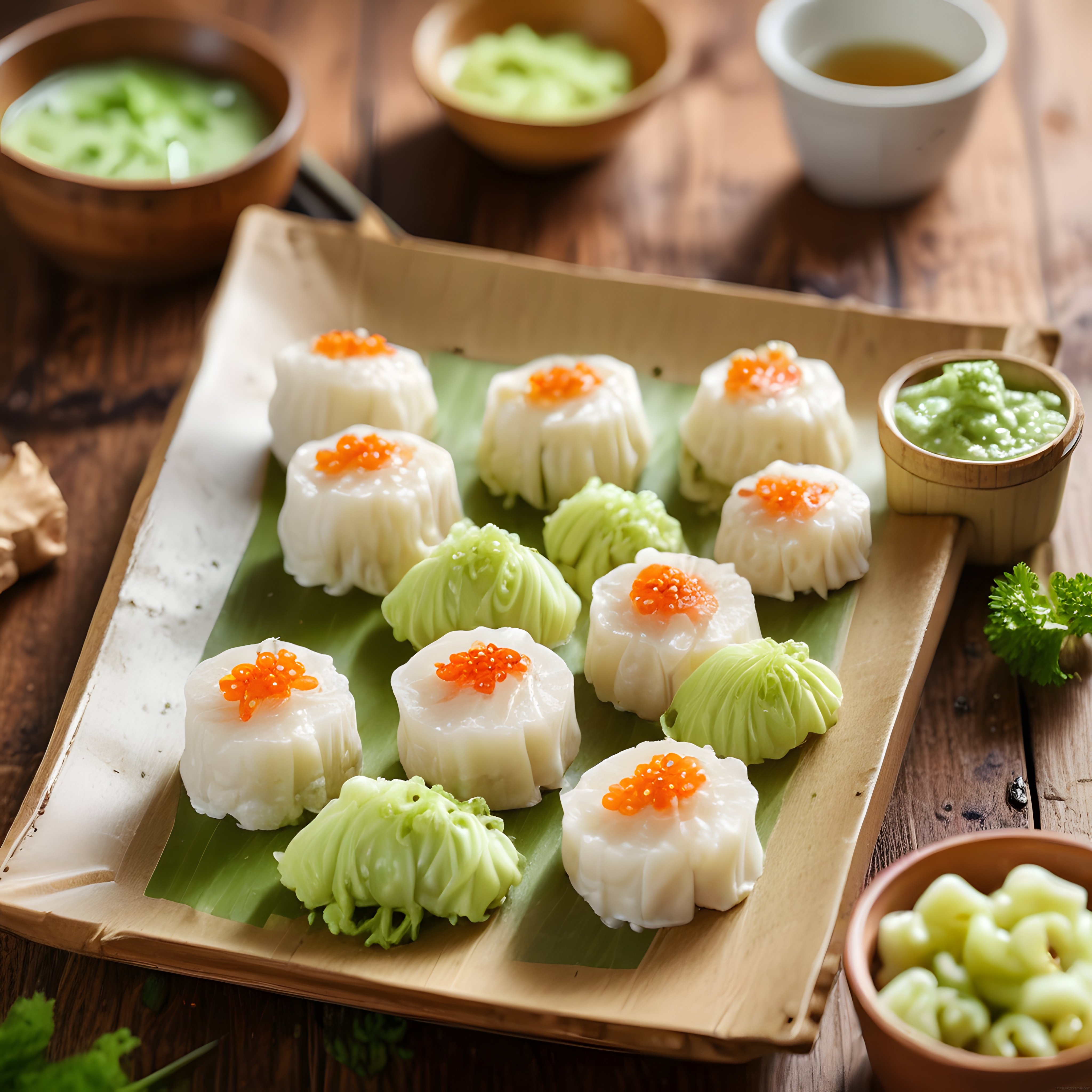 Geleneksel Çin Mantısı Dim Sum Havyar ile Süslenmiş Bambu Tepsi Sunumu