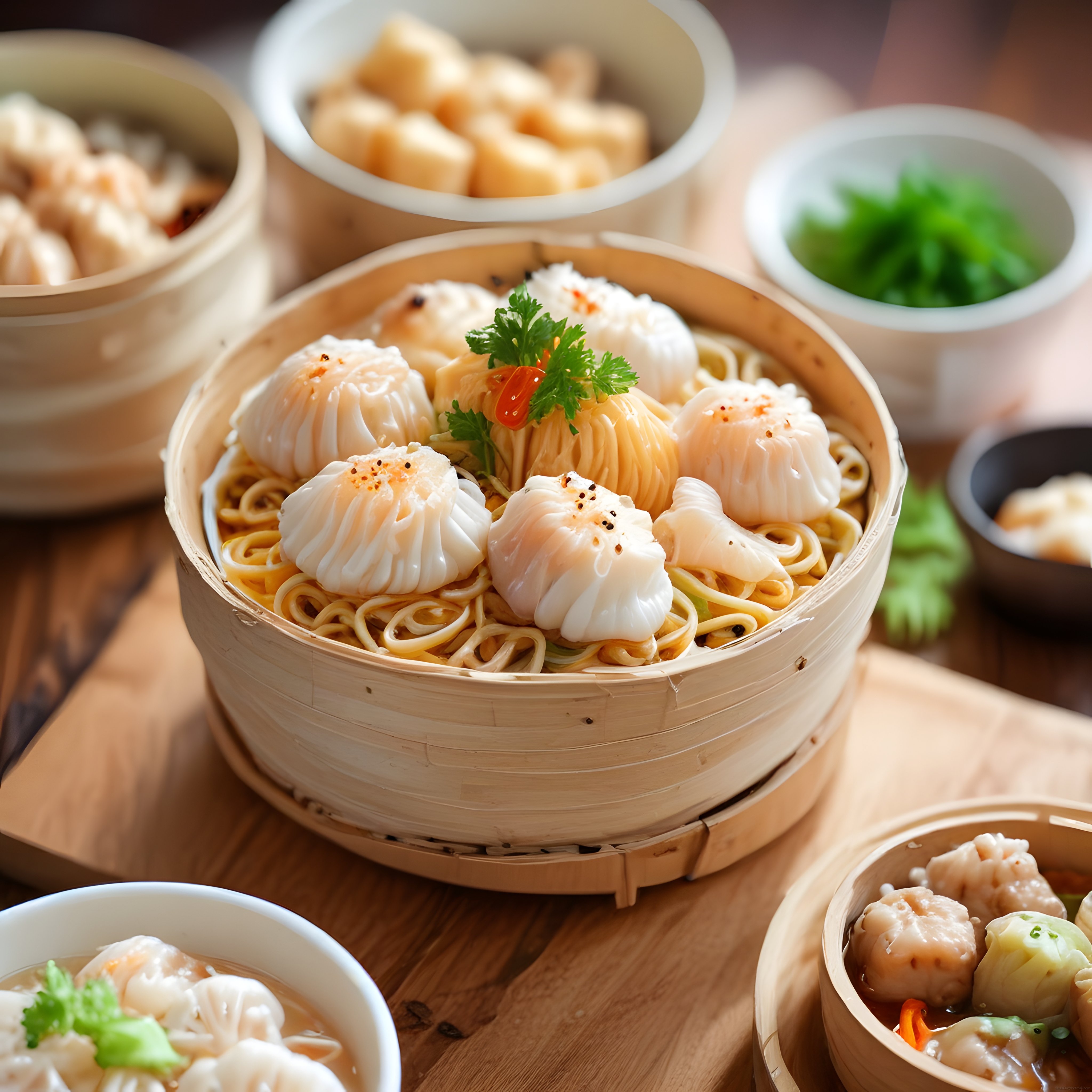 Geleneksel Çin Mutfağından Bambu Buharda Pişirilmiş Karidesli Dim Sum ve Erişte